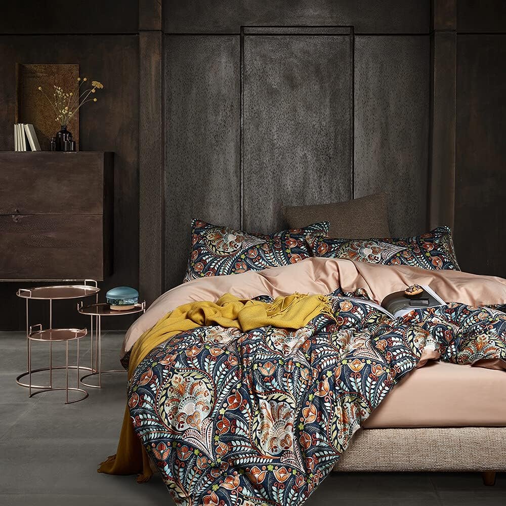Cupocupa Queen Duvet Cover Set, Modern Industrial Luxury Bedding with Zipper Closure & Corner Ties, Soft Breathable Navy Teal Orange Floral Comforter Cover for Bedroom Guest Room Vintage Paisley