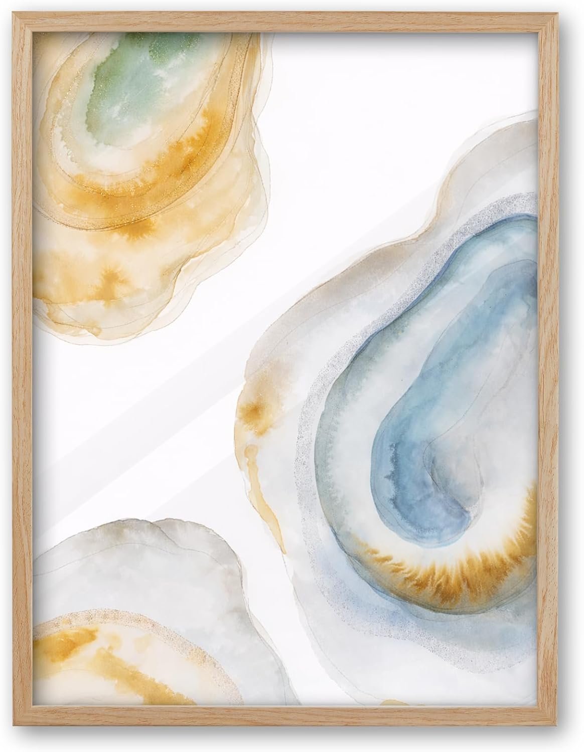 iHery Abstract Coastal Blue Oyster Framed Wall Art, 12x16in Beige Natural OAK Wood Watercolor Canvas Wall Decor, Hamptons Style Beach House Decor Gift for Bedroom, Living Room or Bathroom Set of 1