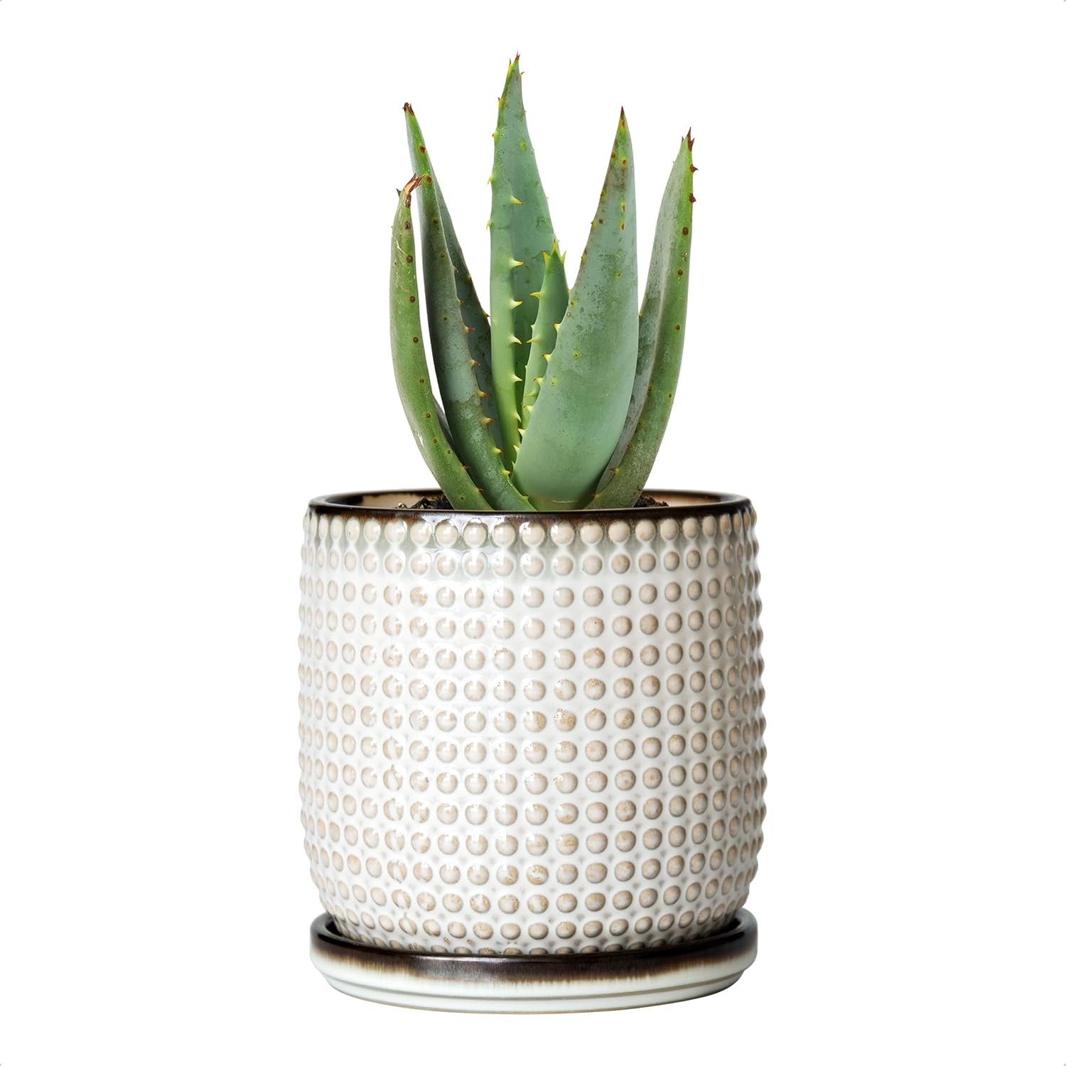 D’vine Dev 4 Inch Ceramic Beaded Stoneware Planter Pot – Flower Pot with Drainage Holes and Saucers for Indoor Succulent Plants or Flowers, Smoked White, 27-C-Z-1