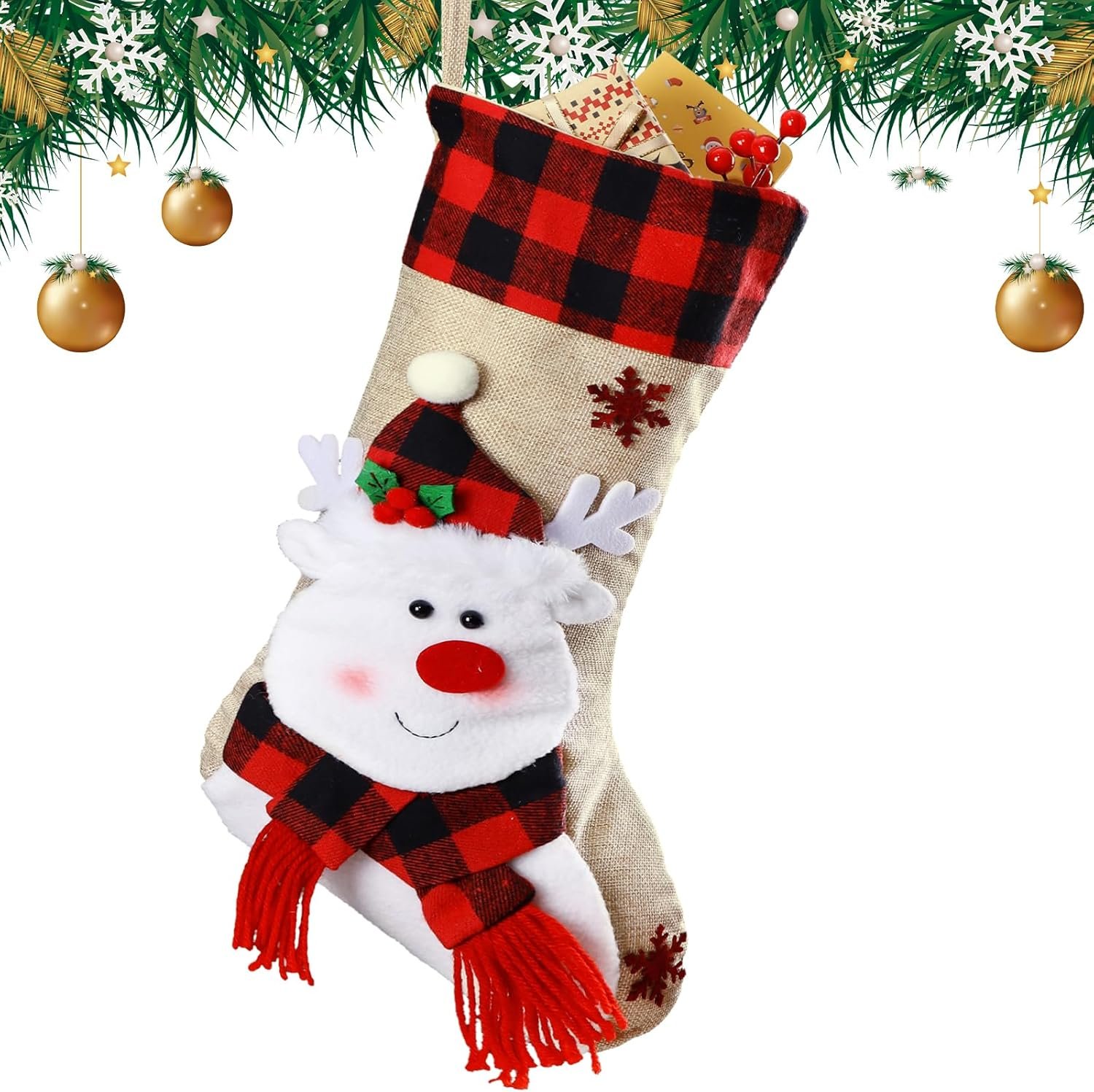 Bemaystar Christmas Stockings – 18.5″ Burlap Plaid Christmas Stocking Xmas Hanging Stockings Holiday for Kids Christmas Tree Fireplace Family Party Decor – Deer