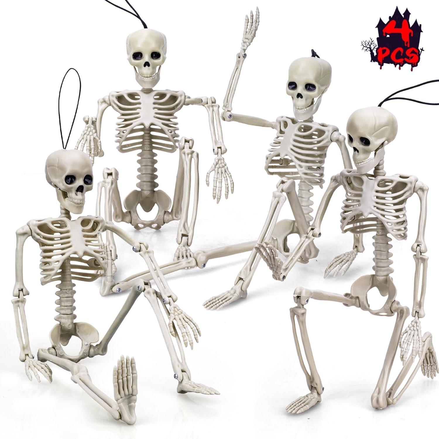 TOY Life 4 Pcs Halloween Skeleton 16″ Posable Skeleton Decor, Full Body Posable Joints Outdoor Skeletons, Halloween Skeletons Decorations Outdoor Indoor, Plastic Hanging Skeleton Decorations