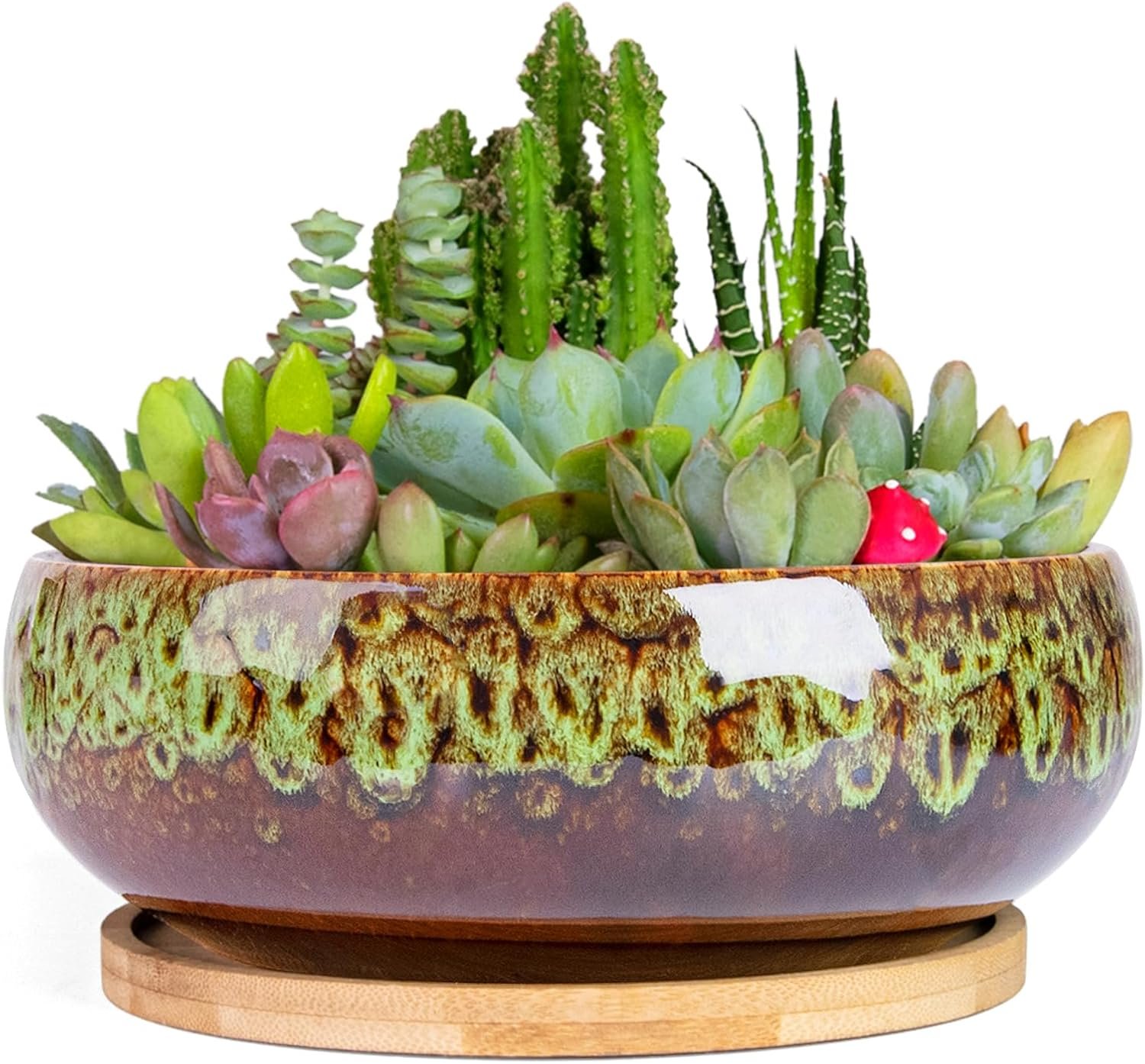ARTKETTY Succulent Pots – 7.5 Inch Large Plant Pot with Bamboo Tray, Shallow Bonsai Pots with Drainage, Ceramic Planter for Indoor Plants, Cactus, Home Office Desk Decor