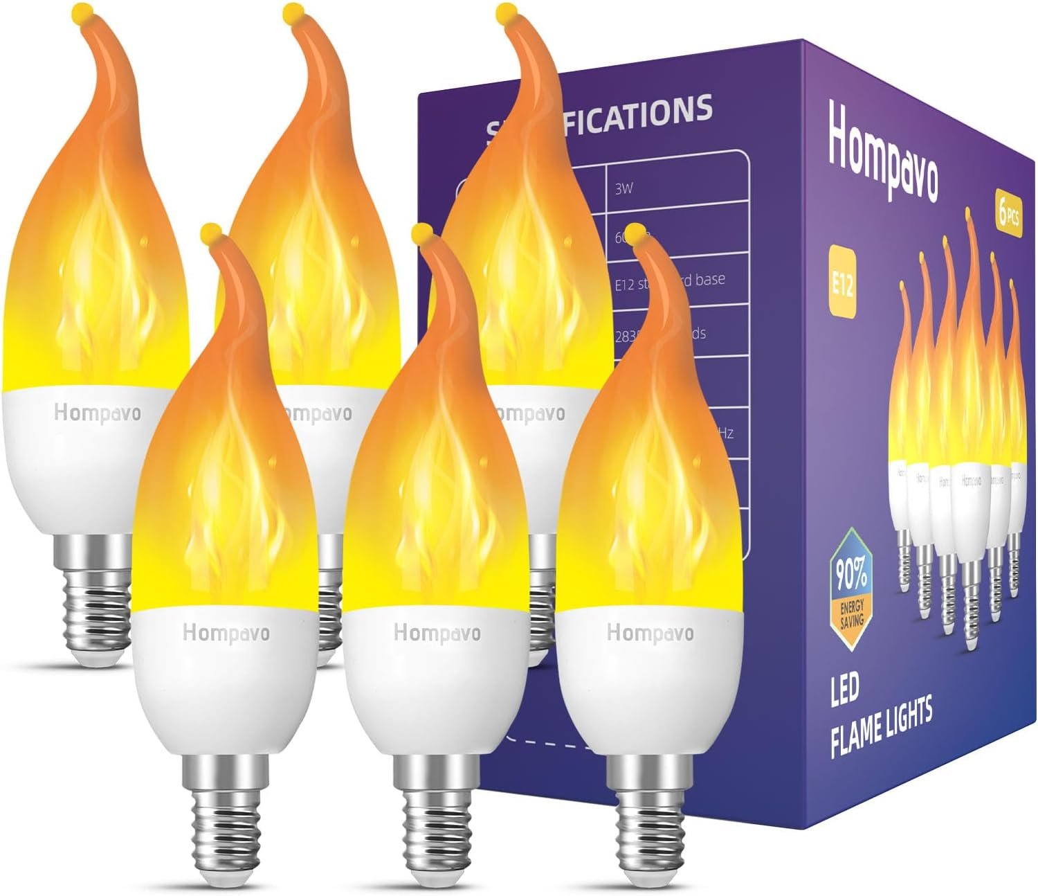 Hompavo 【Upgraded】 LED Flame Light Bulbs, 3 Modes Realistic Flickering Light Bulbs, E12 Chandelier Base Candle Fire Bulb for Christmas Halloween Party Porch Indoor & Outdoor Home Decoration – 6 Pack