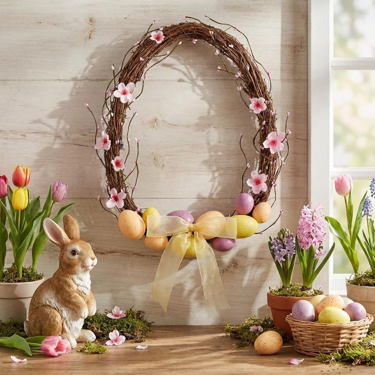 Lyrow Easter Wreaths for Front Door 18 Inch Boho Natural Grapevine Artificial Easter Spring Wreath Door Sign Decor with Pastel Egg Peach Blossoms Bows for Indoor Outdoor Entryway Mantel Window Decor