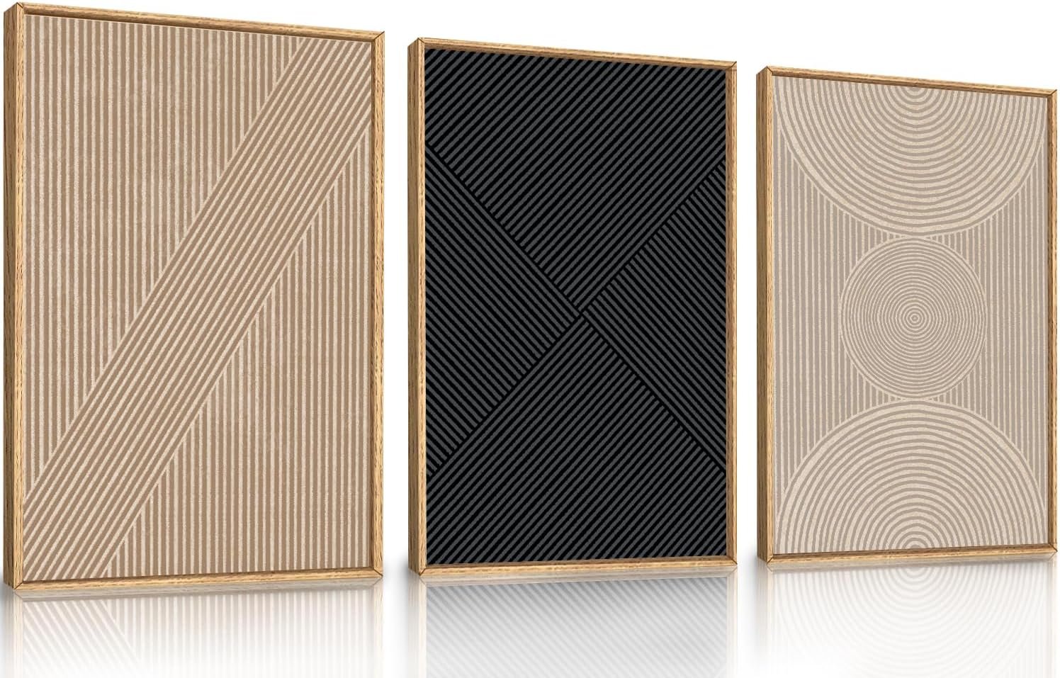 Ausril 3 Pcs Neutral Abstract Framed Wall Art, Mid Century Modern Canvas Wall Decor, Boho Geometric Line Wall Painting, Beige Minimalist Textured Art Print for Living Room Bedroom Office – 16x24inch