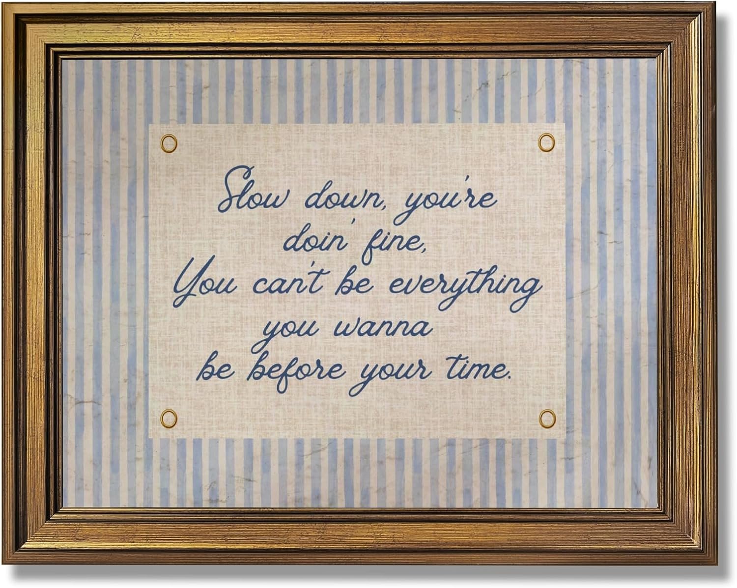 Vintage Gold Framed Wall Art Slow Down You’re Doing Fine Music Poster Uplifting Positive Quote Stripe Motivational Painting Retro Song Lyric Canvas Print Daily Reminder Home Decor 12x16inch