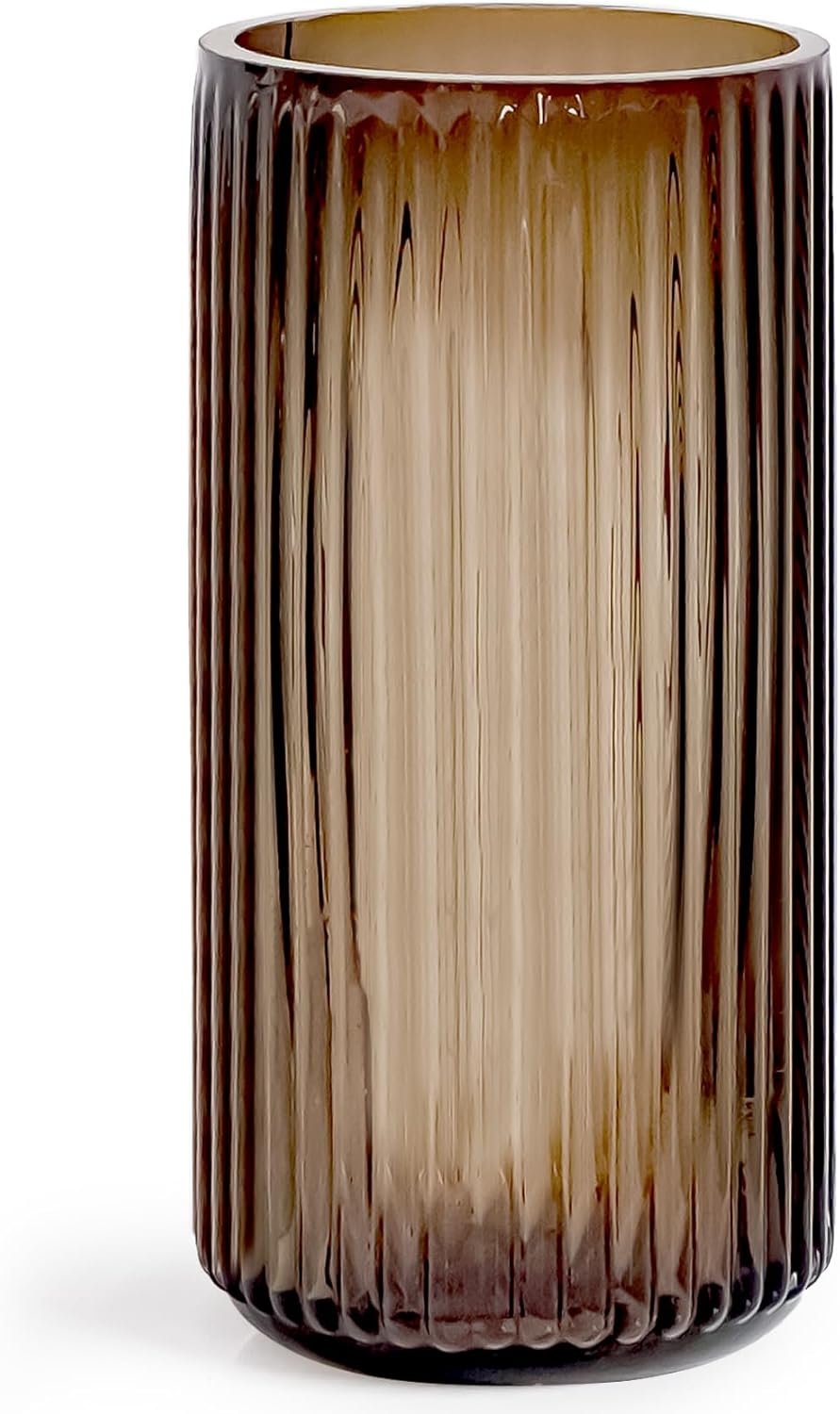 Muyan 7.5″ Flower Vase for Decor Ribbed Glass Vase Modern for Centerpieces Desktop Home Office Dining Living Room Wedding (Amber)