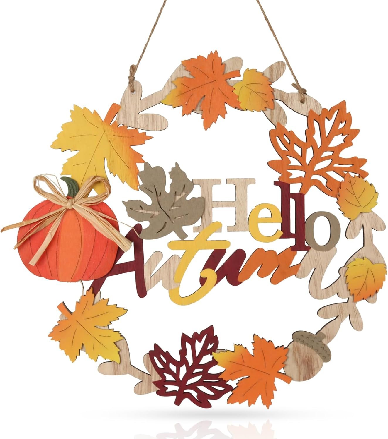 WellSign Fall Front Door Decor, 12 Inch Fall Wreaths for Front Door, 3D Wooden Fall Door Sign Hanging Pumpkin Maple Leaf Wreath with Autumn Sign for Harvest Home Farmhouse Outdoor Indoor Window Wall