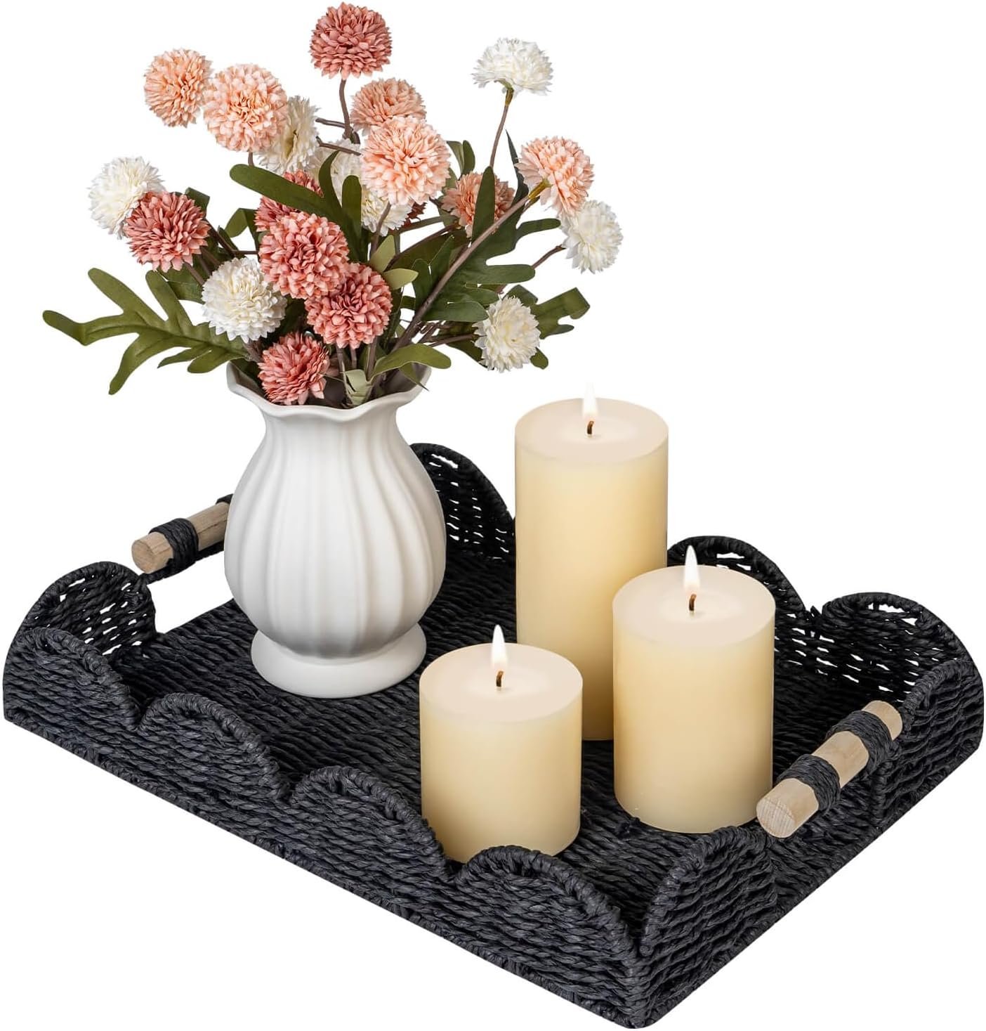 CubesLand Rectangular Scalloped Decorative Centerpiece Tray for Coffee Table, Home Decor, Living Room – Black Tray w/Wooden Handle – Warm and Elegant for Holidays, Housewarmings – Candle Plate Holder