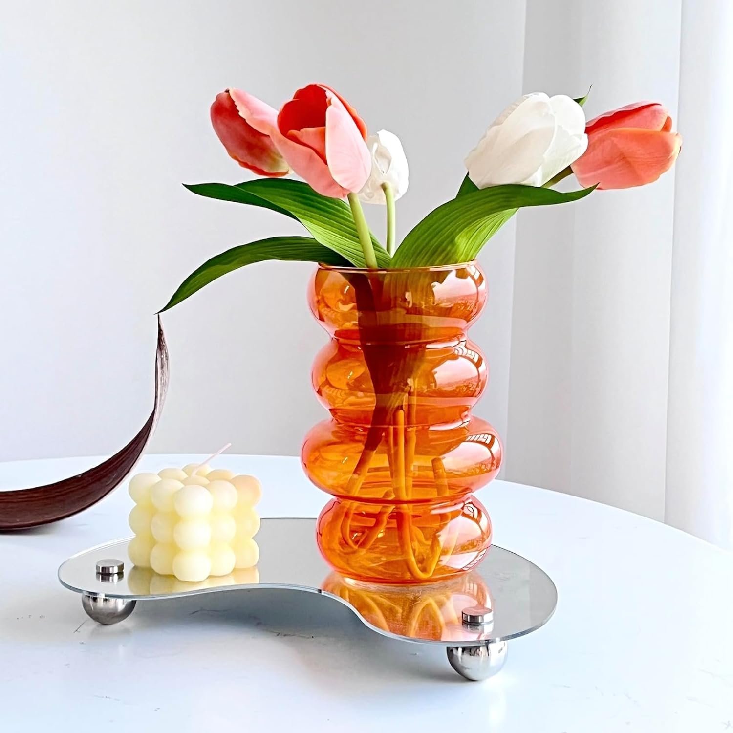 BLOFLO Transparent Glass Hydroponic Flower Vase, 7-Inch Orange Glass Vase, Four-Layer Geometric Glass Floral Vase for Home Décor, Modern Bubble Glass Vase for Home Office Wedding Table (Orange)