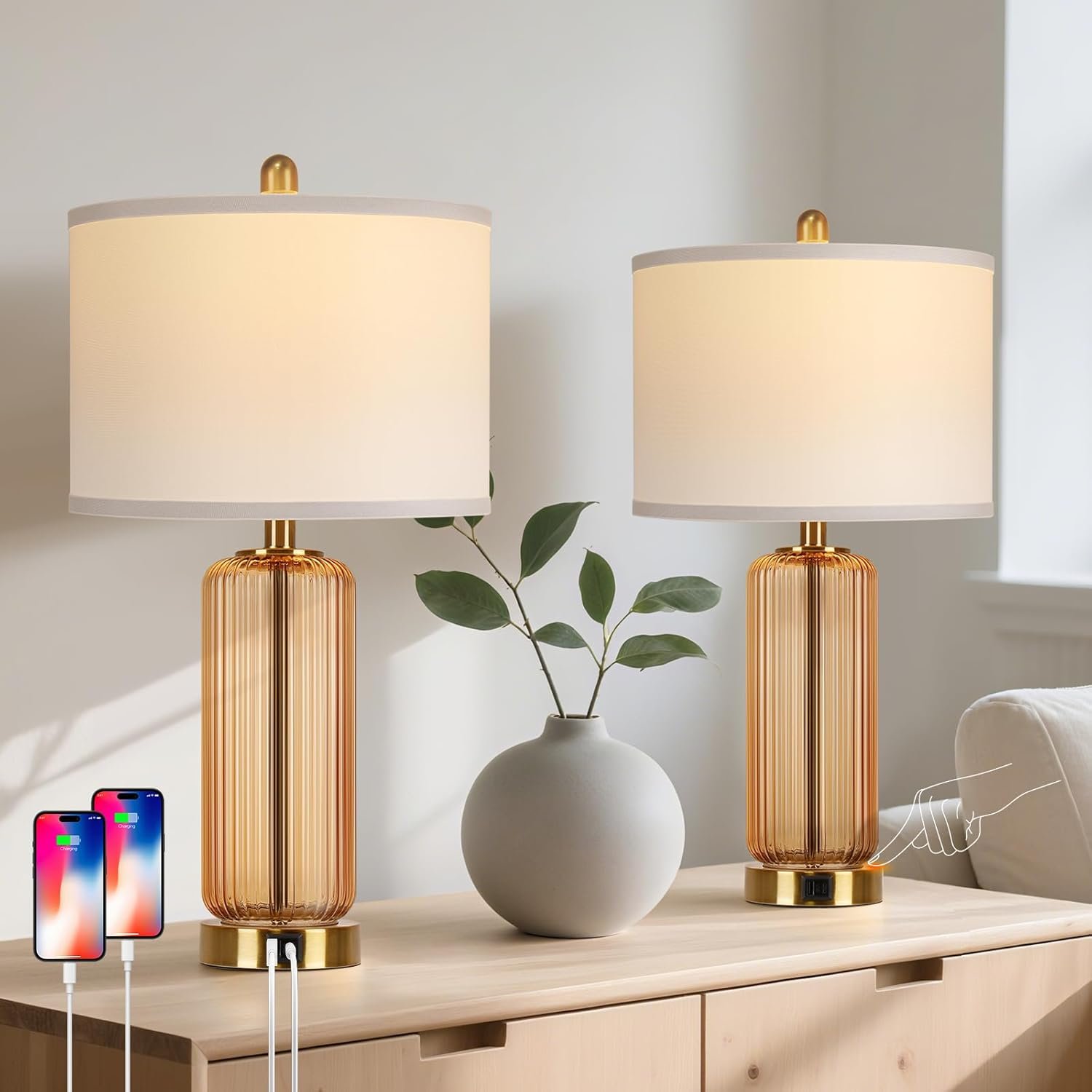 Table Lamps Set of 2 with Touch Control, 3-Way Dimmable Nightstand Lamp with Vertical Grained Glass, Bedside Table Lamps, 27″ Modern Glass Bedside Lamps with USB A+C Ports, Brown Desk Lamp for Bedroom