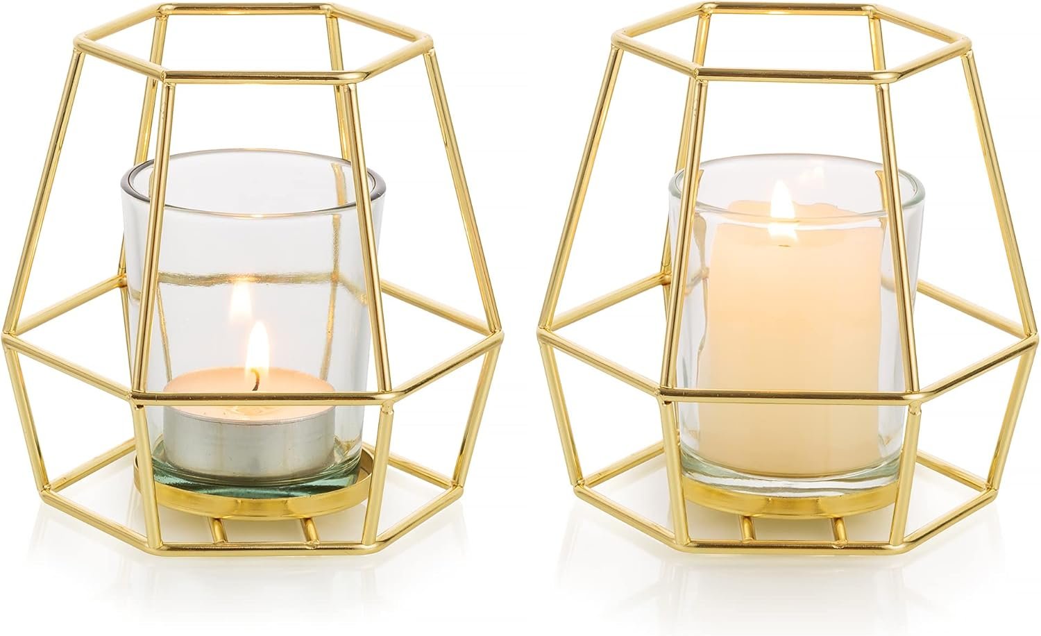 Nuptio Geometric Tealight Candle Holder Gold – Candle Holders for Pillar Candles Set of 2 Tea Light Candle Holders Set Metal Candle Stand Table Centerpiece for Wedding Party Cafe Bar Home Decor