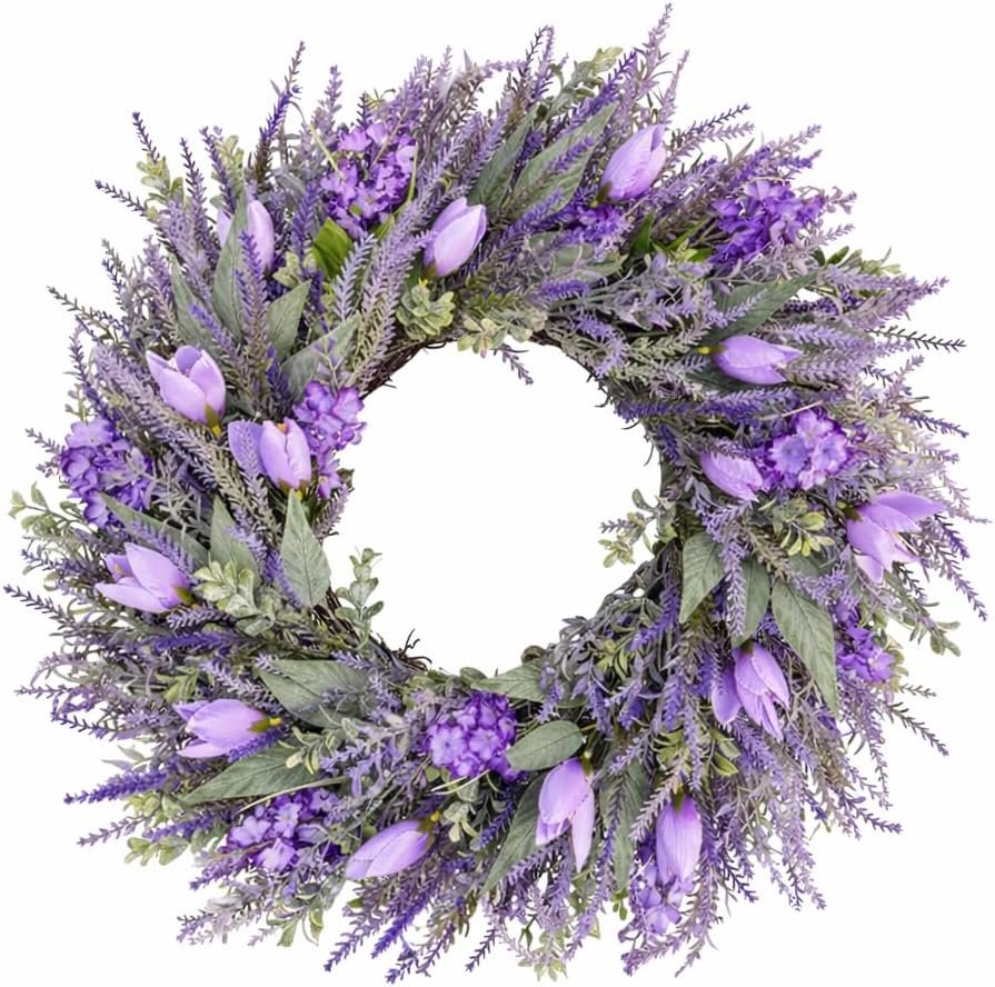 26″ Large Spring Wreaths For Front Door-Large Lavender Tulip Easter Wreath Flower Wreath Summer Spring Door Wreaths Outdoor All Season Spring Decoration for Home Porch Room Window Wall Farmhouse Decor