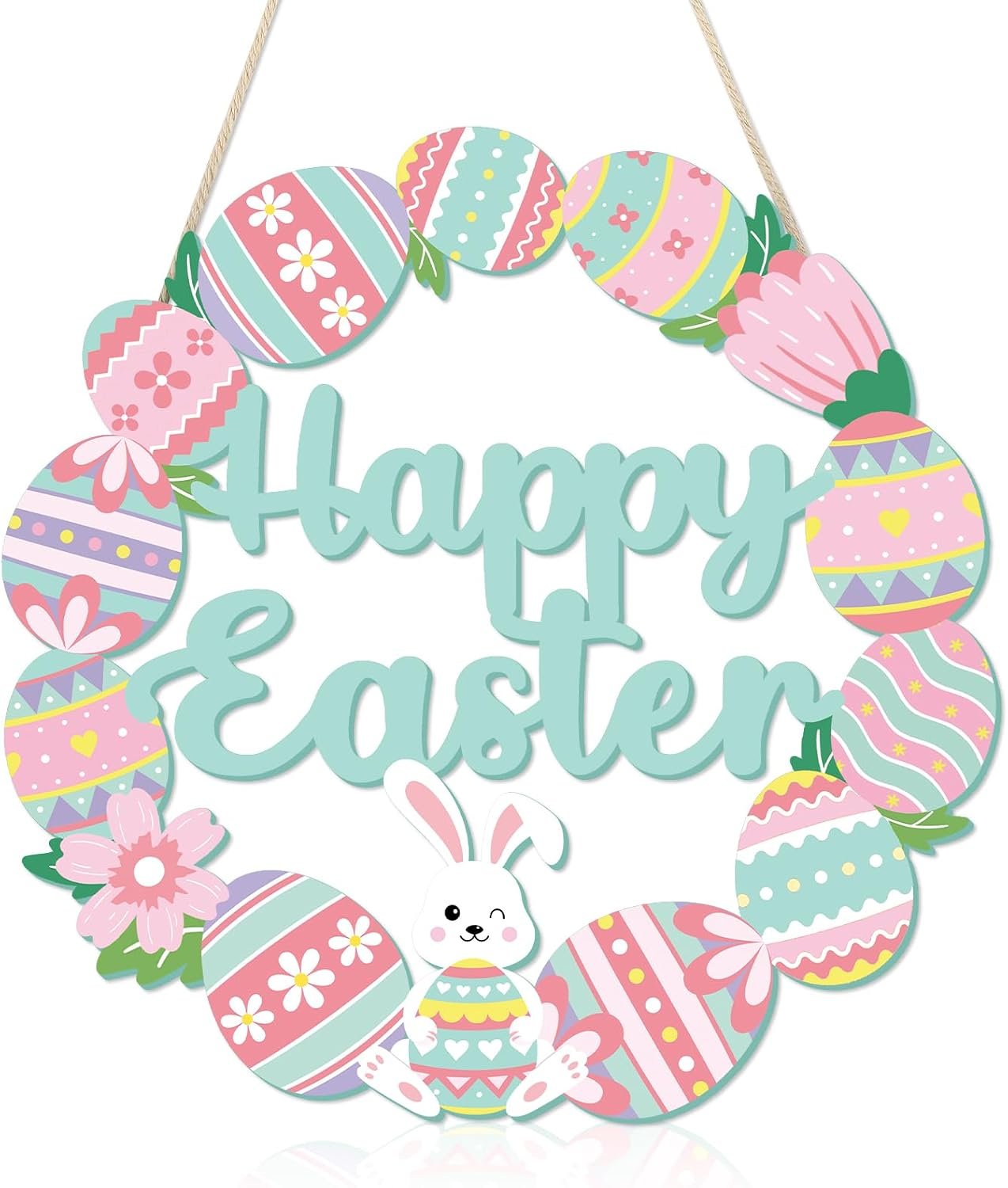 COCHIE Happy Easter Decorations Sign, Bunny Eggs Wood Wreath for Front Door Porch Window Wall Hanging Decor, Pink Green Spring Decoration for the Home (Bunny Egg)