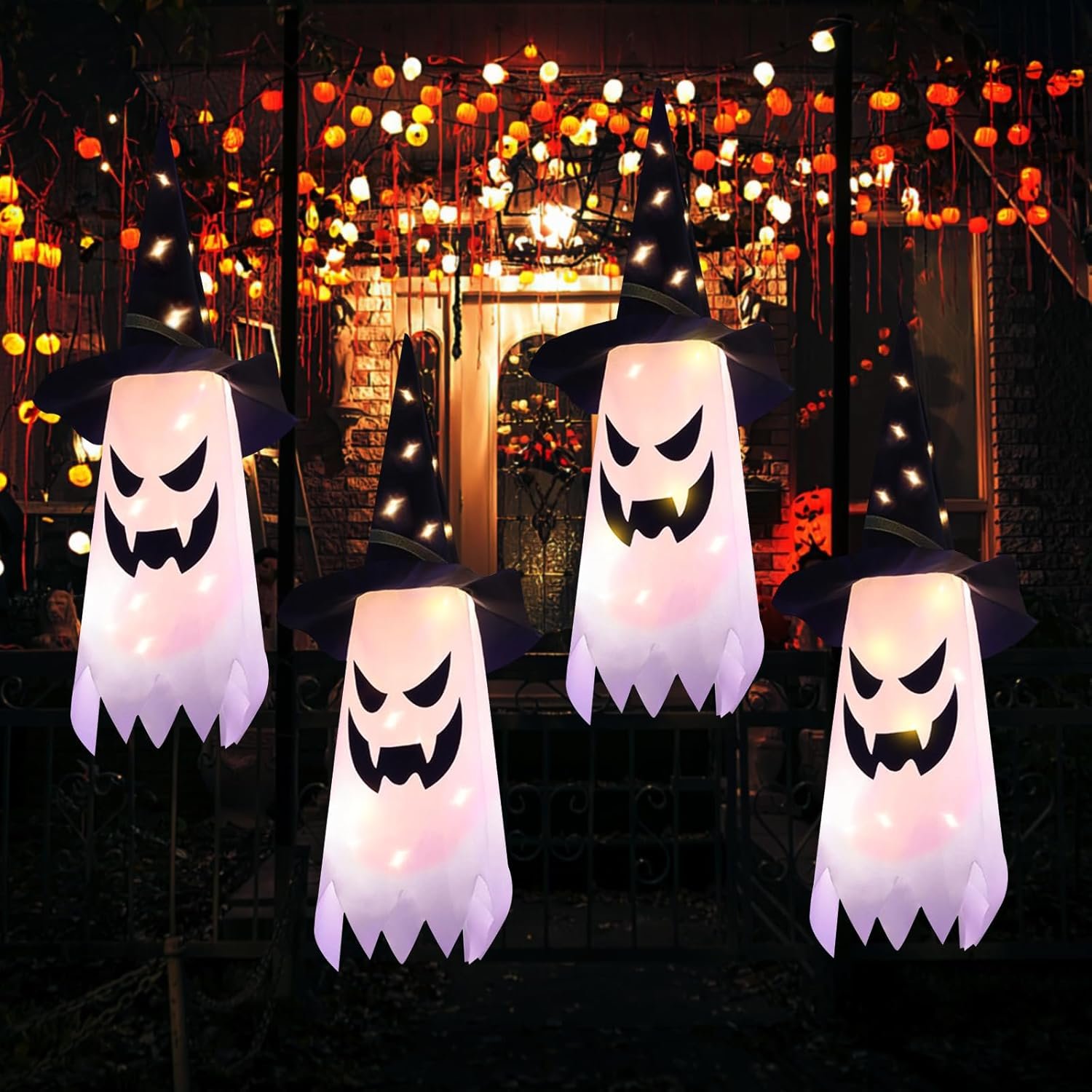 Halloween Decorations Glowing Ghost Witch Hat Halloween String Lights – Indoor/Outdoor Hanging Decor for Home, Garden & Tree (4Pcs)