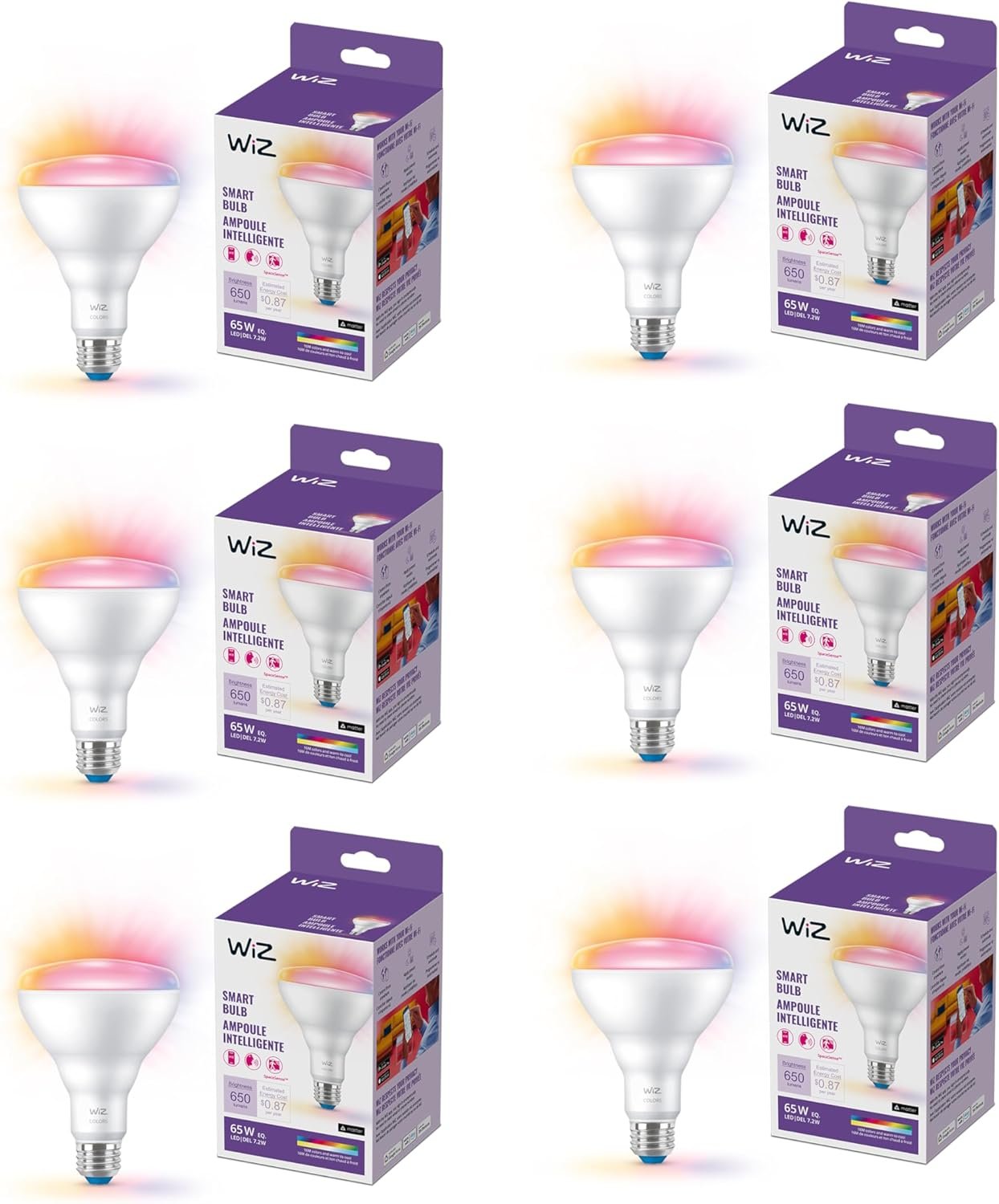 WiZ Connected 65W BR30 Color LED Smart Bulb – Pack of 6 – E26 – Indoor – Connects to Your Existing Wi-Fi – Control w/Voice or App + Activate w/Motion – Matter Compatible