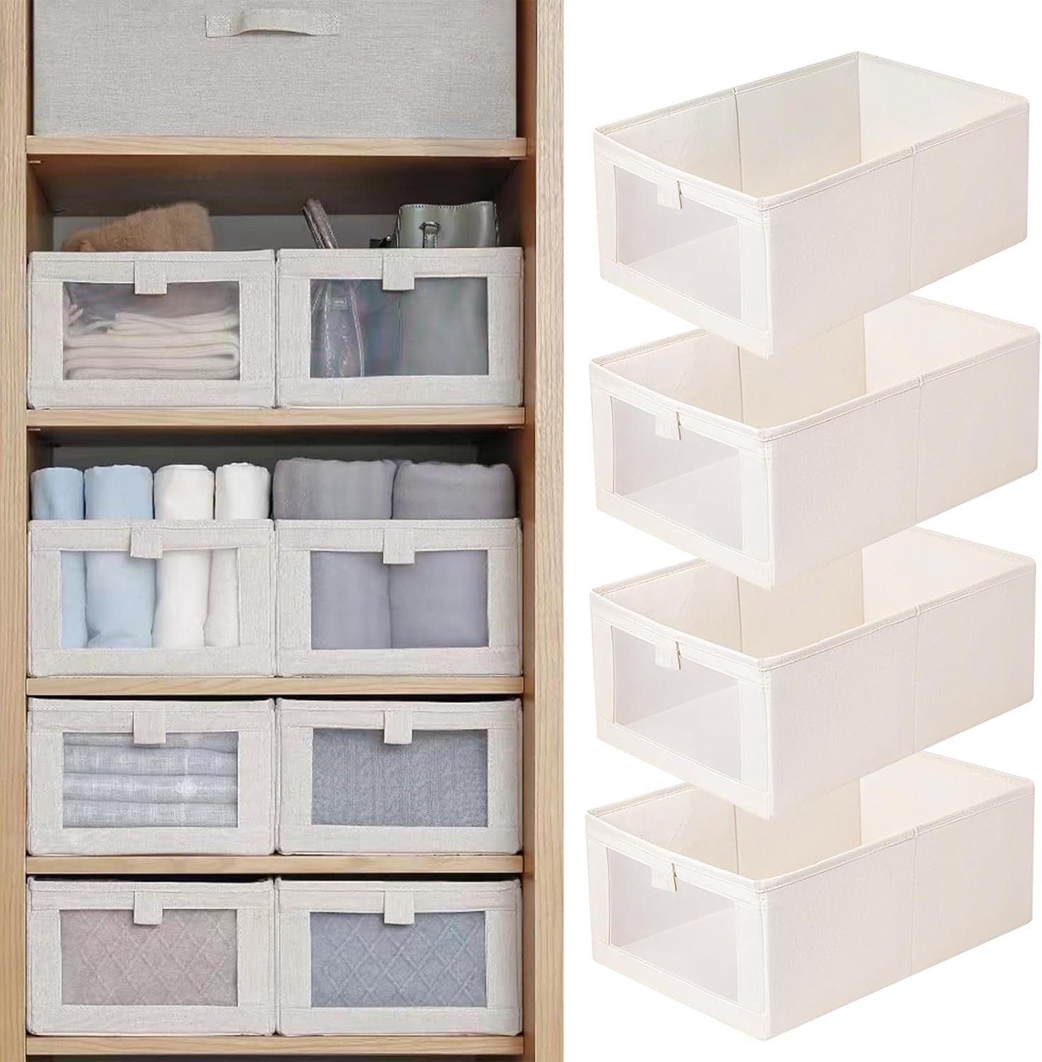 Pradnel Linen Closet Organizers And Storage, 4 Pack Storage Bins Baskets for Organization Foldable Organizer with Clear Window Organizing Clothing, Jeans, Shelves