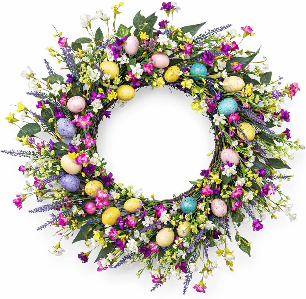 20Inch Easter Wreath for Front Door, Natural Spring Wildflower Easter Egg Wreath, Artificial Easter Door Wreath for Covered Outdoor Use