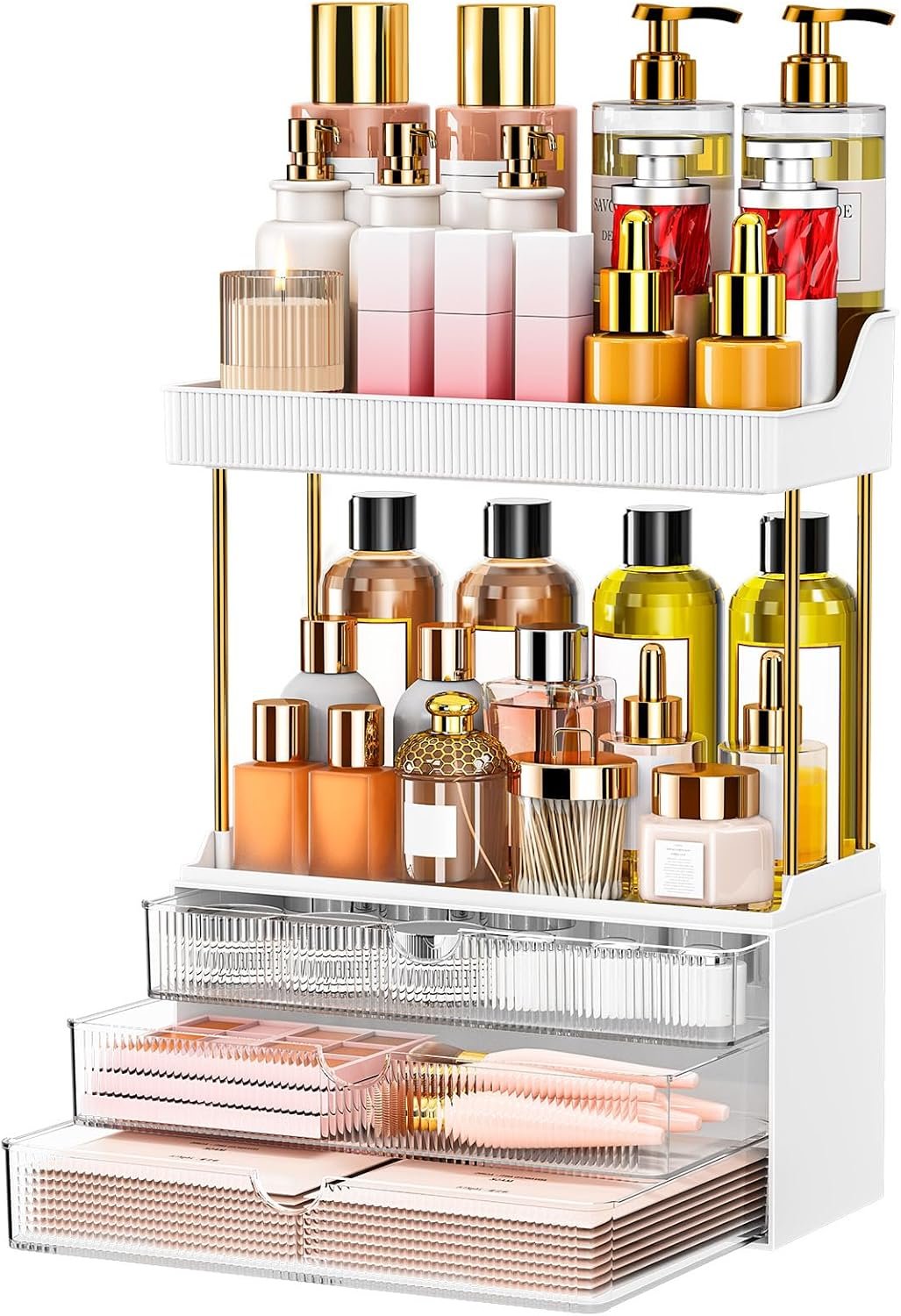 caktraie 12.2″ W Makeup Organizer Drawers – 5 Tiers Bathroom Counter Organizer, Cosmetic Storage Drawer for Dresser Countertop and Bathroom Vanity for Large Skincare, Perfume, Clear