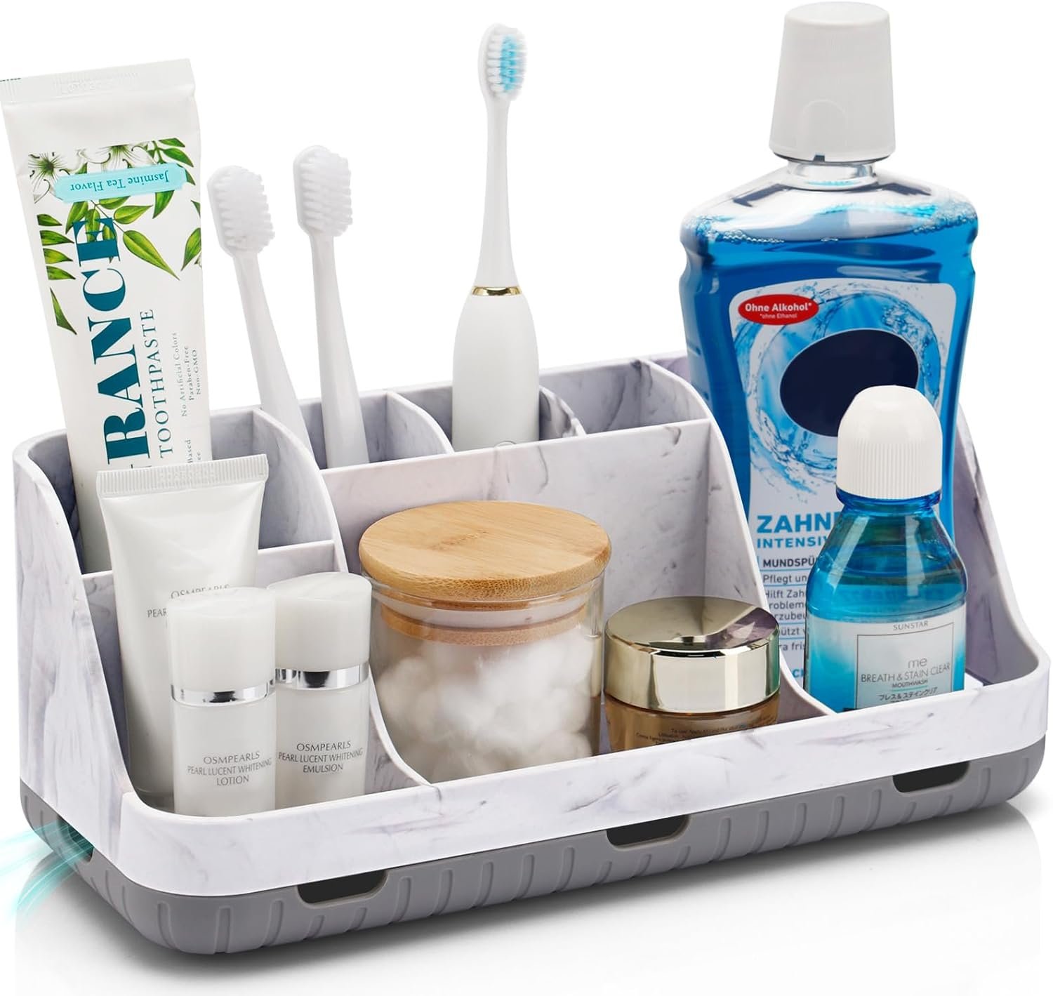 GFWARE Marble Bathroom Countertop Organizer – Detachable 7 Slots Kids Electric Toothbrush and Toothpaste Holde Drainage for Bathroom Accessories Organization Counter Vanity Storage, Grey