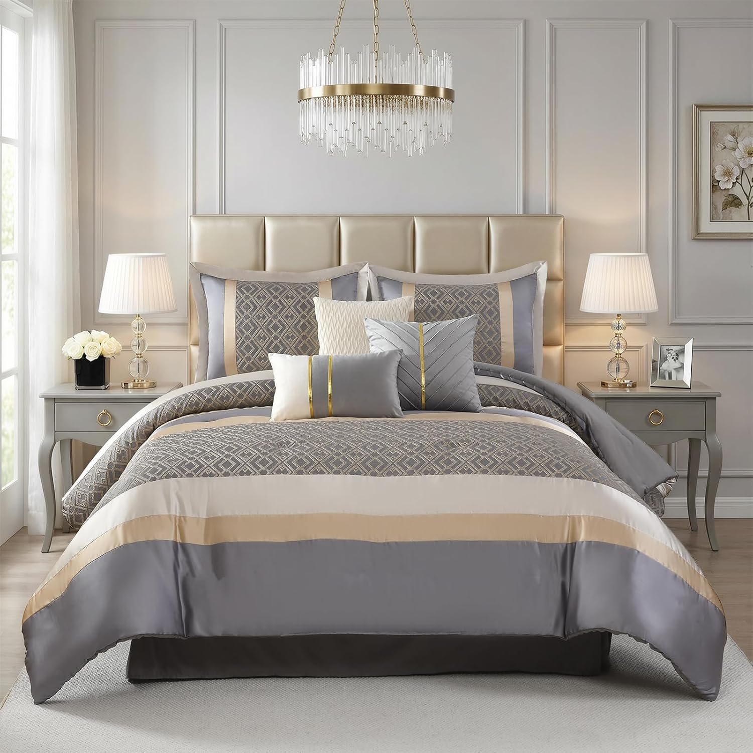 CozyDH Gray Queen Comforter Set – Luxury 7 Piece Modern Geometric Jacquard Silky Bed in a Bag, All Season Down Alternative Bedding with Bed Skirt, Shams, Decorative Pillows (Silver Grey/Gold/Ivory)