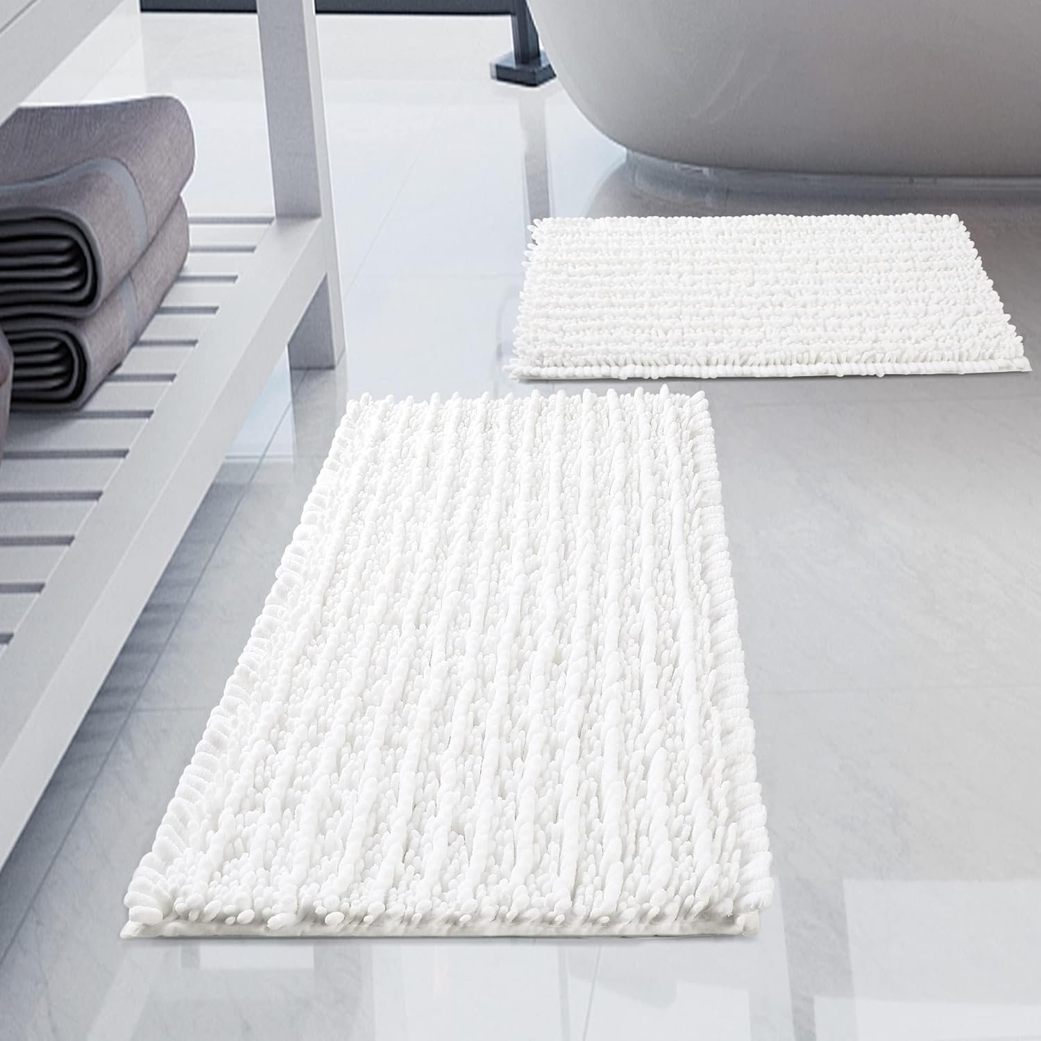 Luxury Chenille White Bathroom Rugs Sets 2 Piece, Thickened Hot Melt Rubber Bottom Bath Mats for Bathroom Non Slip,Bath Rugs Quick Dry Machine Washable for Shower Mat (32″x20″+17″x24″)