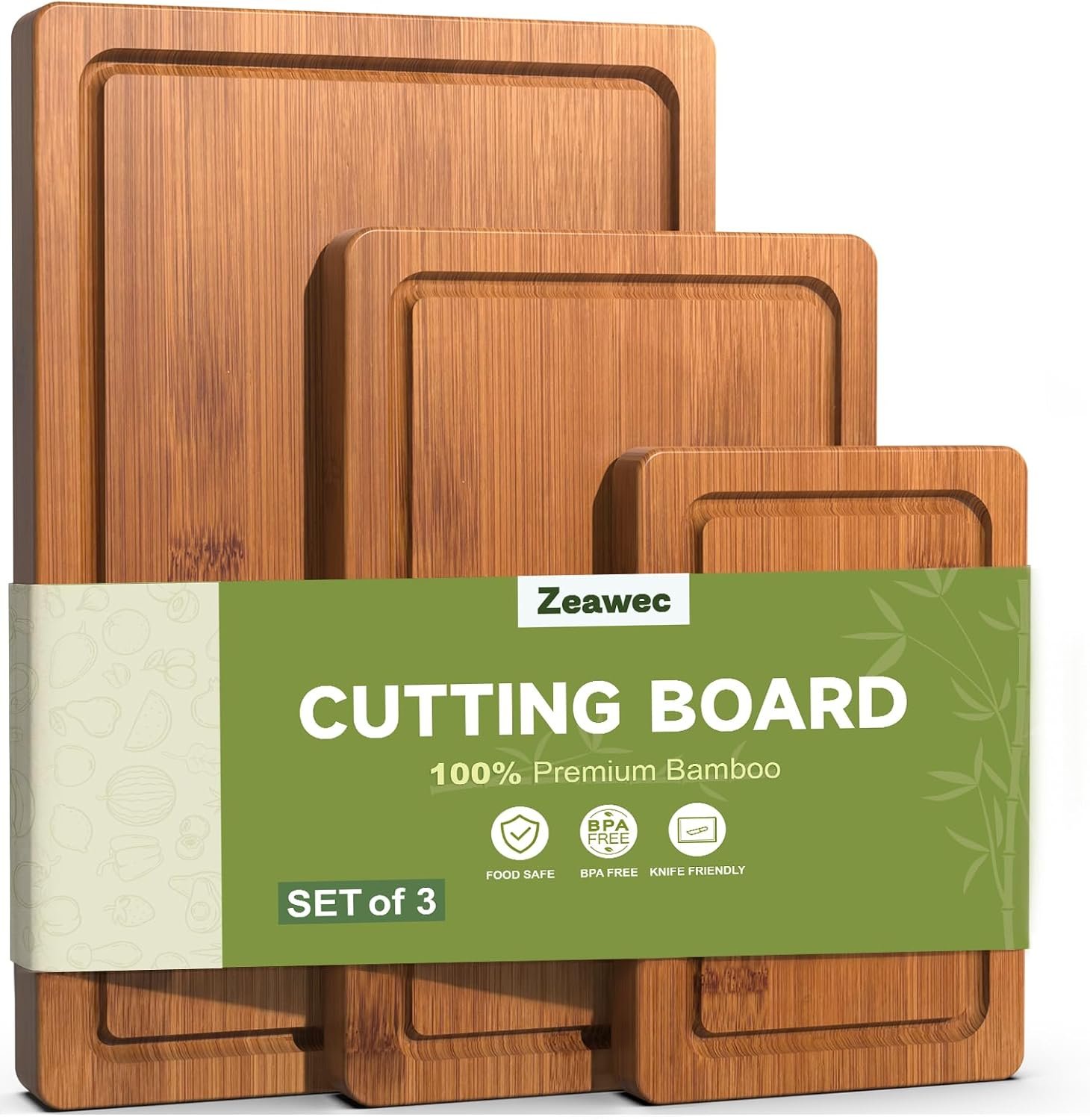 3-Piece Set Bamboo Cutting Board for Kitchen – Crack-Resistant Wood Chopping Boards with Deep Juice Grooves, Pre-Oiled Butcher Block for Meat, Vegetables & Cheese, Carbonized