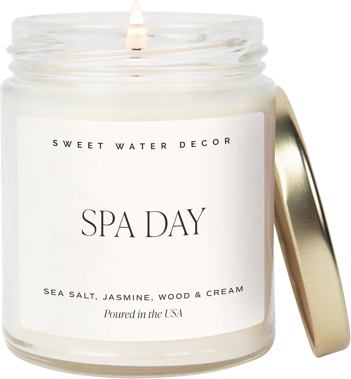 Sweet Water Decor Spa Day Soy Candle – Sea Salt, Jasmine, Wood and Cream Scented Spring Candles for Home – 9oz Clear Jar + Gold Lid, 40+ Hour Burn Time, Made in The USA