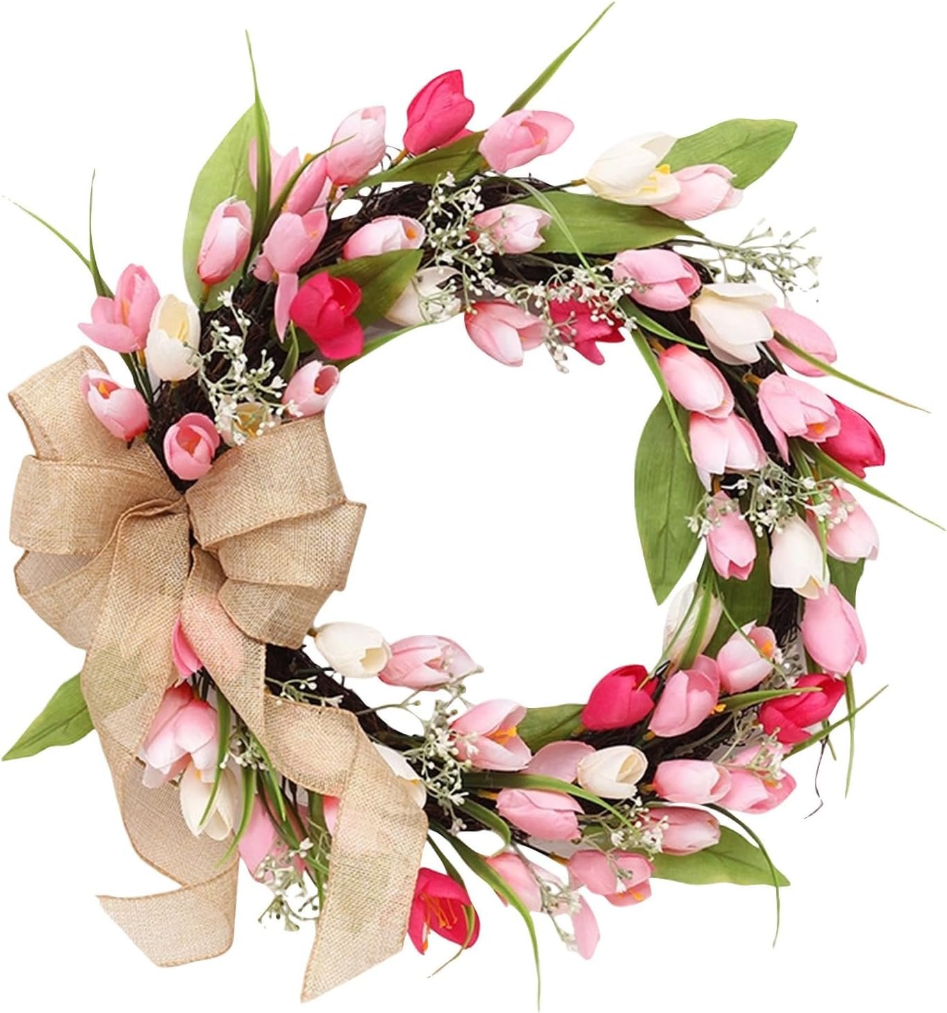 Spring Tulip Wreath for Front Door, Easter Decoration with Pink Red White Artificial Flowers and Burlap Bow, 17.72 Inch Diameter