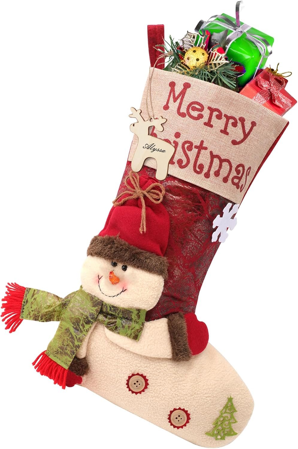 Christmas Stockings – 18.5″ Large Christmas Stocking, 3D Cute Snowman Xmas Stockings with Name Tages, Christmas Decorations for Tree, Bed, Stairs & Fireplace