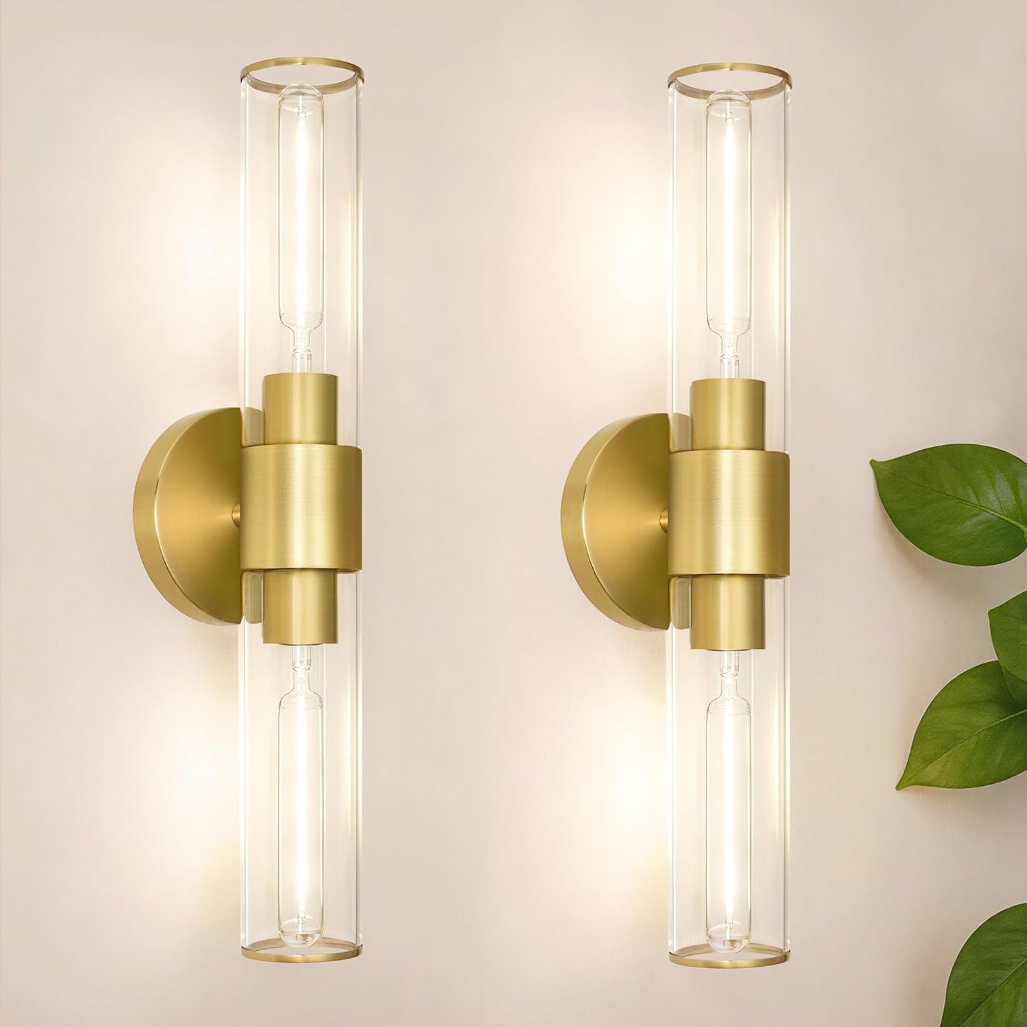 Brushed Gold Wall Sconces Set of 2 (Hardwired Only), Bathroom Vanity Light Fixtures, Modern Cylinder Glass Wall Lights for Mirror 28-40 in Height, NOT Battery Operated, E26 Base (Bulbs Not Included)