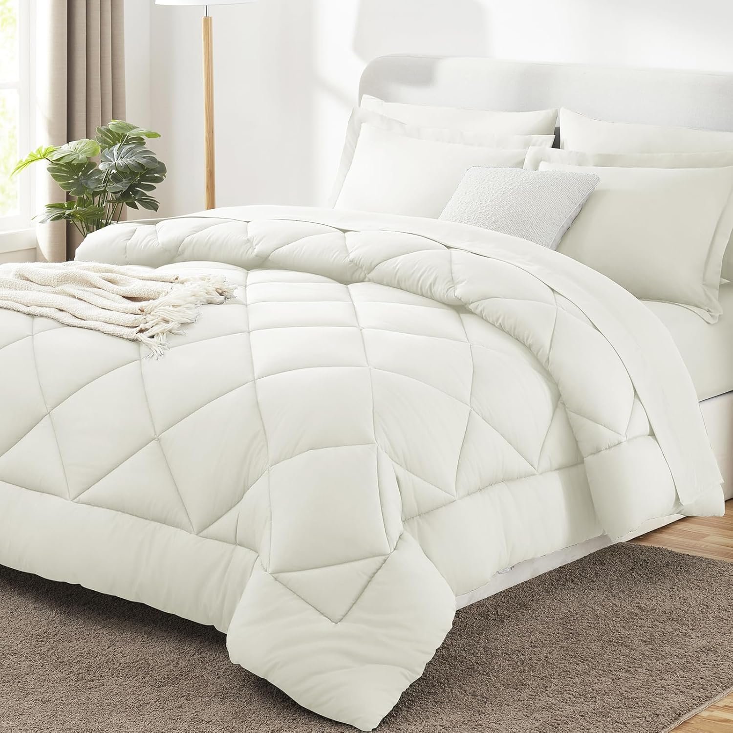 CozyLux Queen Comforter Set Ivory – Bed in a Bag Queen Size 7 Pieces, Luxury Soft Bed Set for All Seasons, Bedding Set with Down Alternative Comforter, Sheets, Pillowcases & Shams