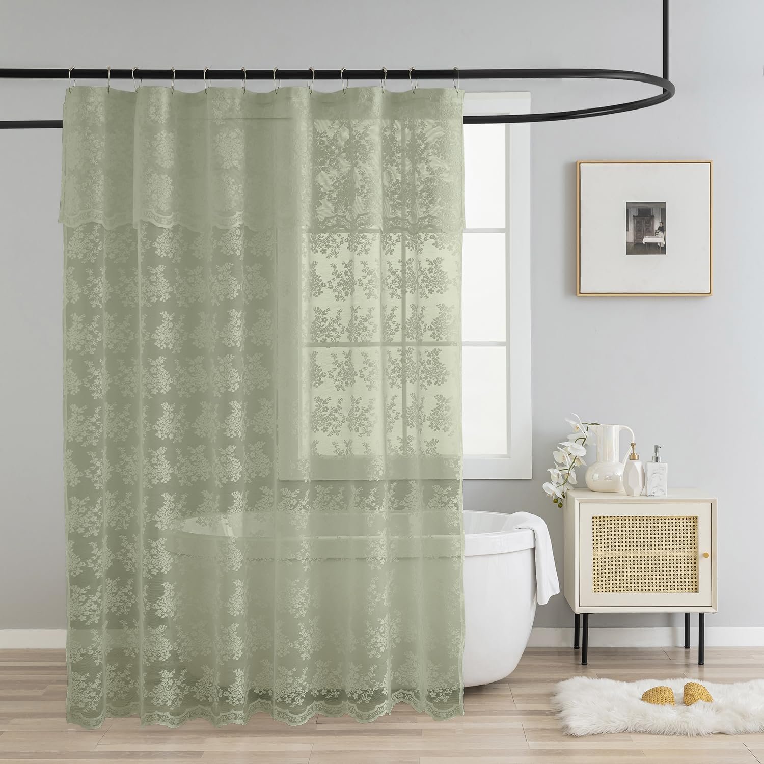 TUDECO Sage Green Shower Curtain with Attached Valance, Knitted Sheer Lace Floral Summer Bathroom Curtain, Scalloped Edge Reinforced Holes Top Green Boho Spring Shower Curtain, 72 x 72 Inch, 1 Panel