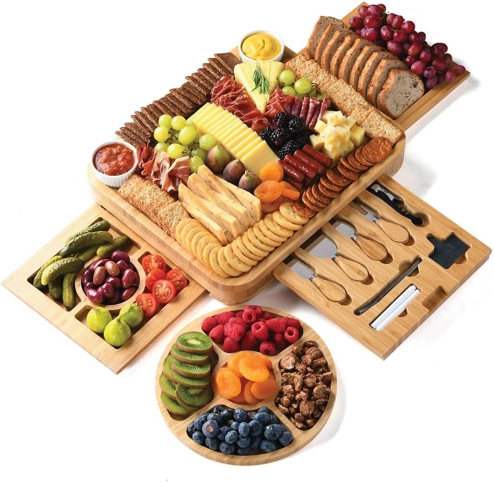 Home-it Bamboo Cheese and Meat Board – Simple Charcuterie Board with Serving Utensils, Cutlery, Trays, Ceramic Bowls for Wine Night, Parties – Holiday Gift & Housewarming Gifts – Home It