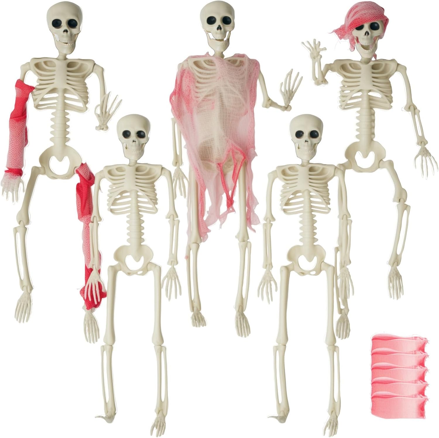 5PCS Halloween Skeleton, Hangable 16 inches Swing All Body Joints, with DIY Horror Blood Cloth, Halloween Decorations, Horror Cemetery/Haunted House/Secret Room Decoration Accessories