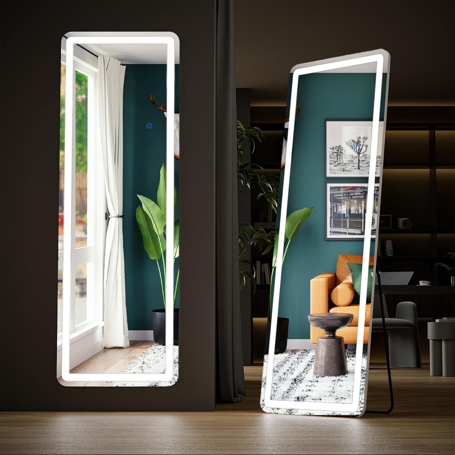 Elevon Full Length Mirror with LED Lights, 64″x21″ Floor Mirror with Dimming & 3 Color Lighting, Led Mirrors Full Length with Stand for Bedroom, Dressing Room, Rectangle