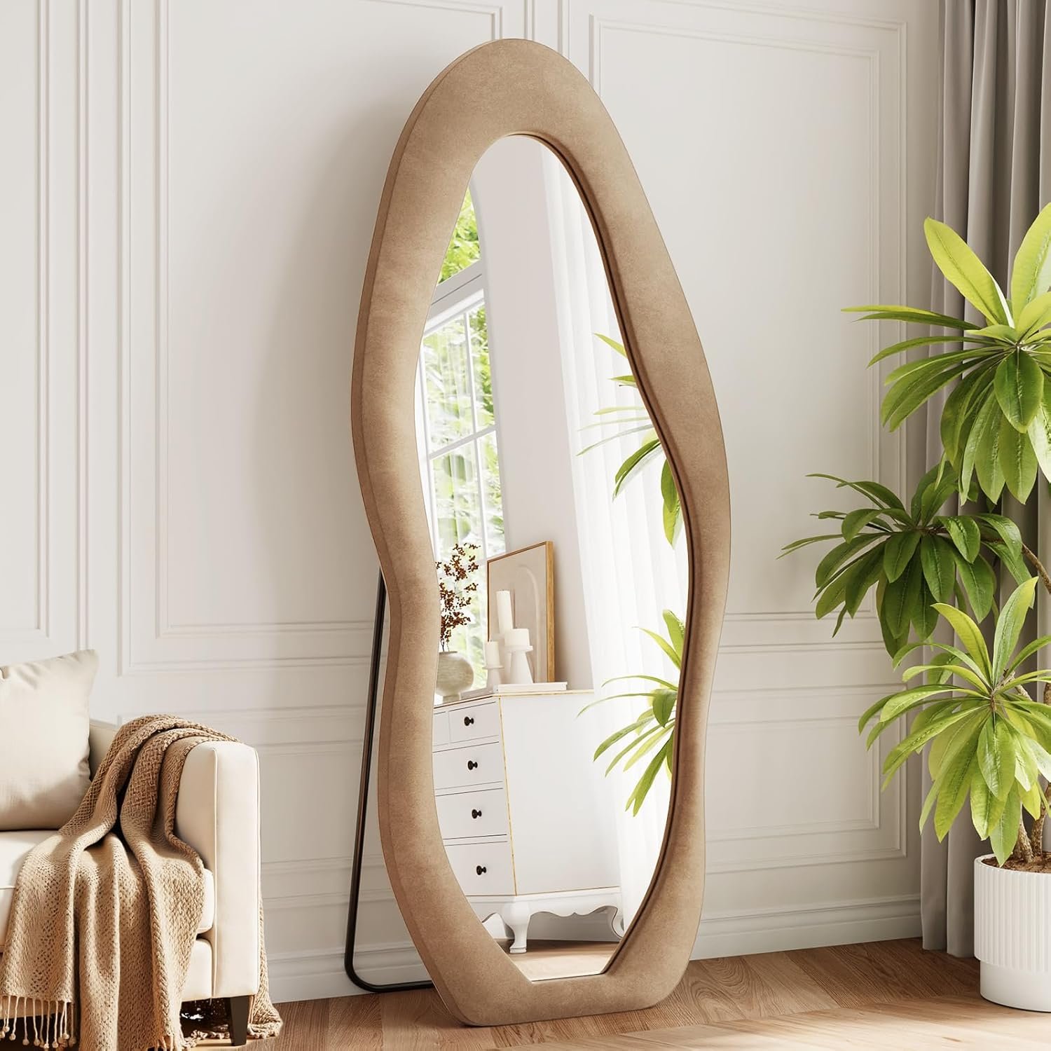 Full Length Mirror, 71″x30″ Full Body Mirrors, Flannel Floor Mirrors with Stand, Irregular Wavy Mirror Hanging or Leaning Against Wall for Bedroom Living Room, Brown