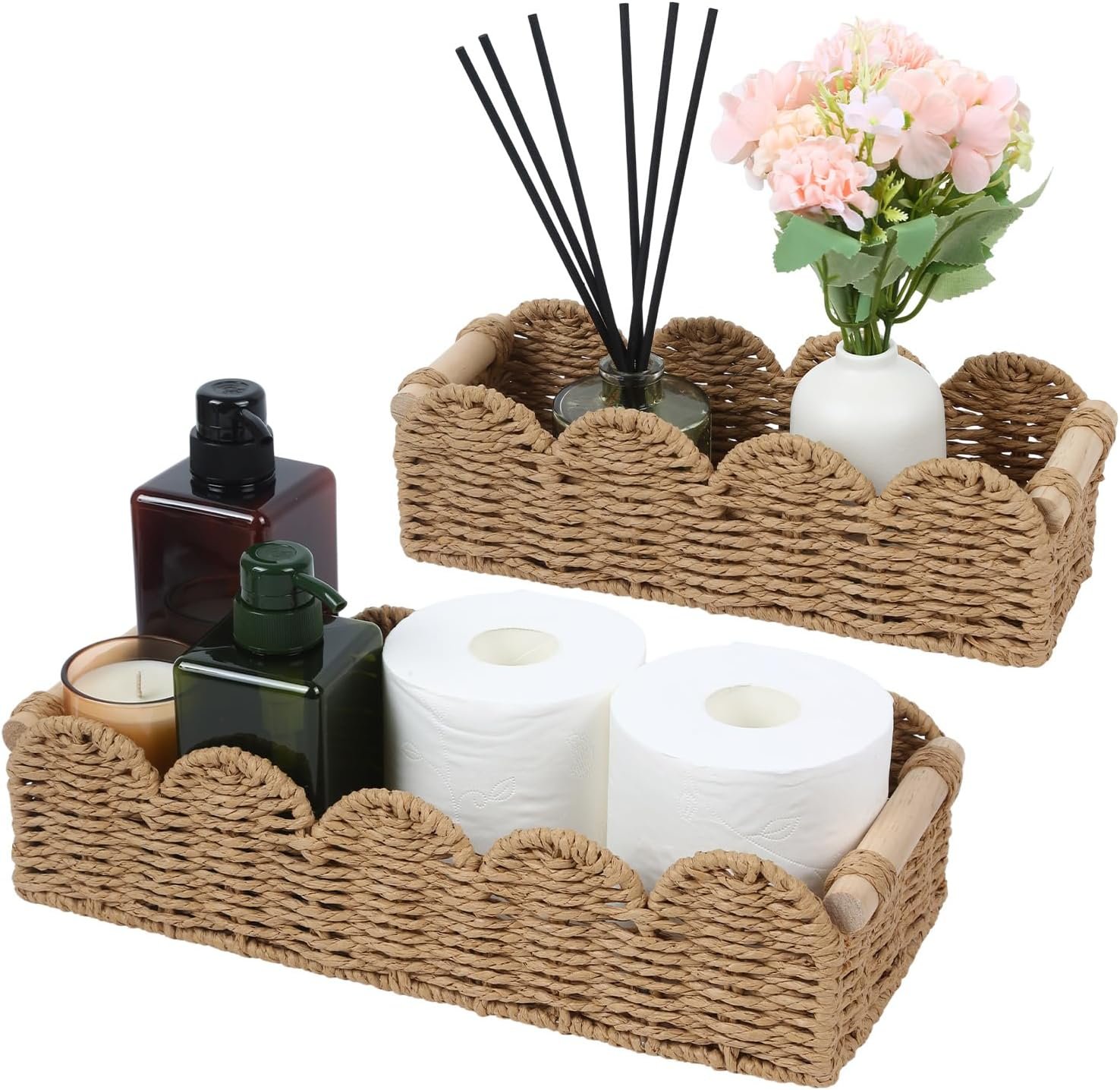 Paper Rope Storage Basket Set of 2 with Wooden Handles – Scalloped Toilet Paper Organizer, Cute & Functional Home Decor for Bathroom or Living Room (Beige)