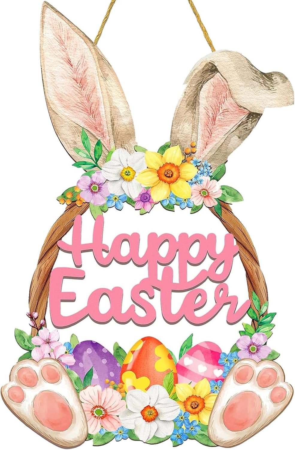 Easter Decorations Wooden Bunny Easter Wreath for Front Door Decor, Bunny Eggs Wood Wreath Decoration, Farmhouse Easter Decoration Welcome Door Wreath for Outdoor Indoor Window Hanging Decor
