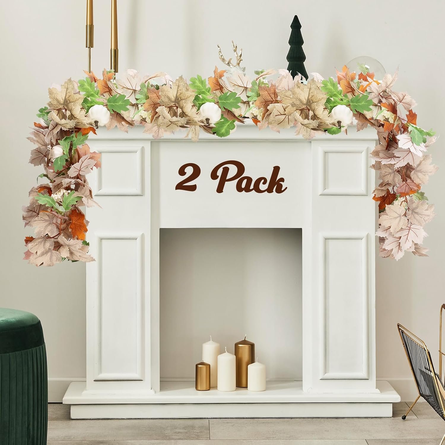 2 Pack Fall Leaves Garlands, 6Ft Autumn Leaves Decor with Pumpkins for Home Mantle Fireplace Front Door, Maple Leaf Garland Decorations for Farmhouse Porch Outdoor Indoor Thanksgiving Halloween