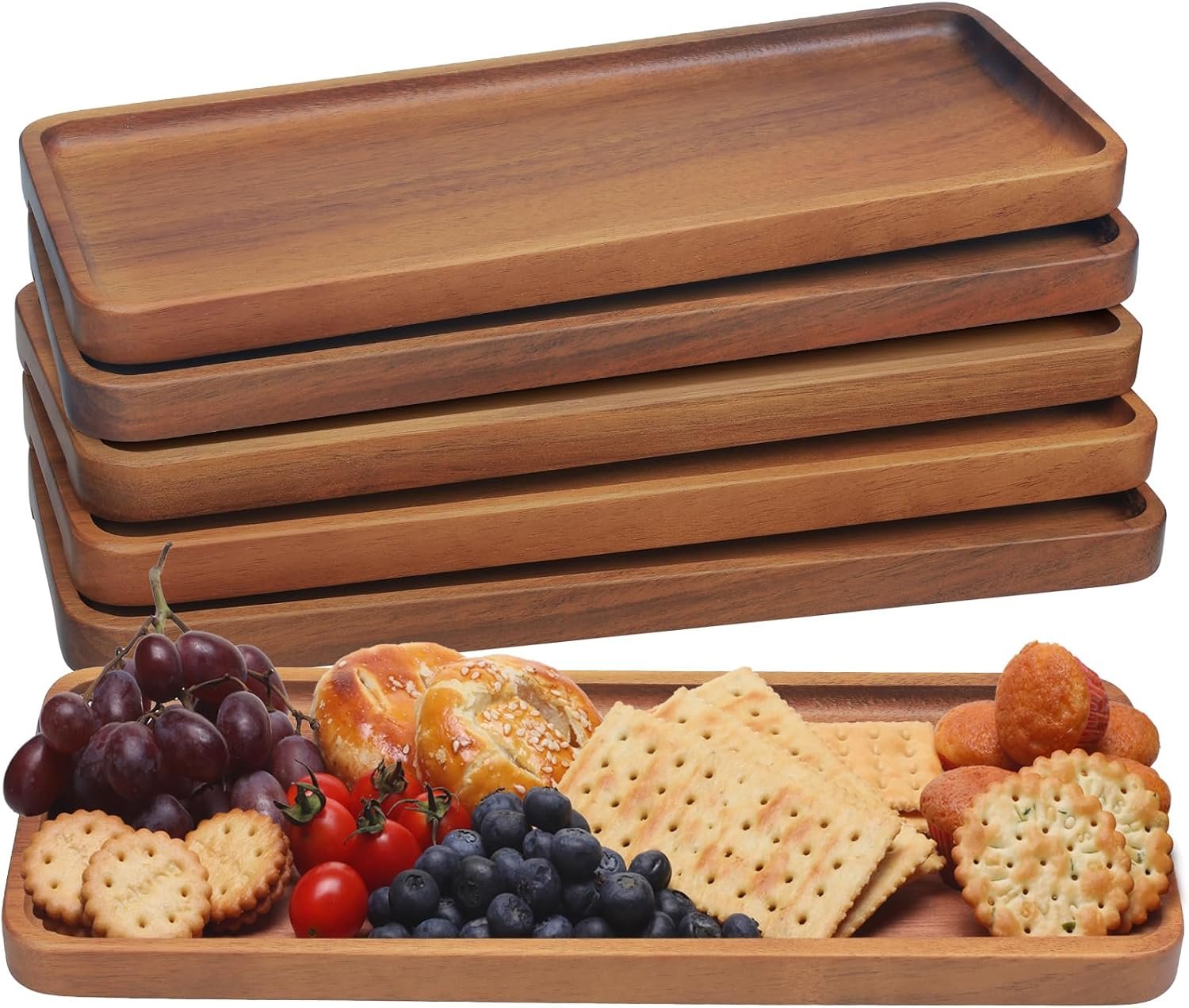 Acacia Wood Serving Platters and Trays – 14″ x 5.5″ Wooden Mini Charcuterie Boards, Small Cheese Board, Rectangle Wooden Tray for Kitchen Counter, Bathroom, Home Decor, Party (6, 14″X5.5″)