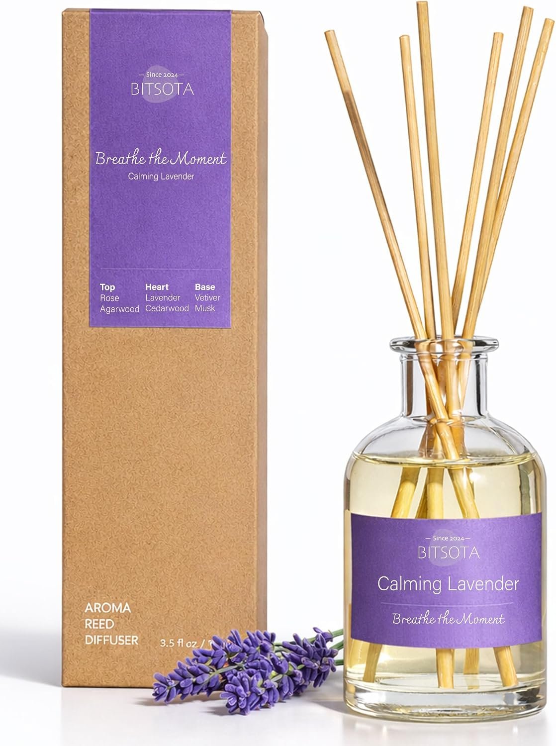 Natural Reed Diffuser Set, Calming Lavender 3.52 oz (100ml) Scented Diffuser with Sticks Home Fragrance Reed Diffuser for Bathroom Shelf Decor, Ideal Gift for Woman