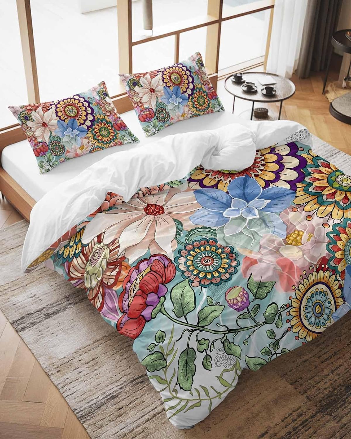 Duvet Cover Set California King Size Bohemian Floral Comforter Sets 3 Pieces, Boho Mandala Flowers Colorful Plant Bedding Set with Zipper Closure and 2 Pillow Cases, Soft Bed Covers Bedroom Decor