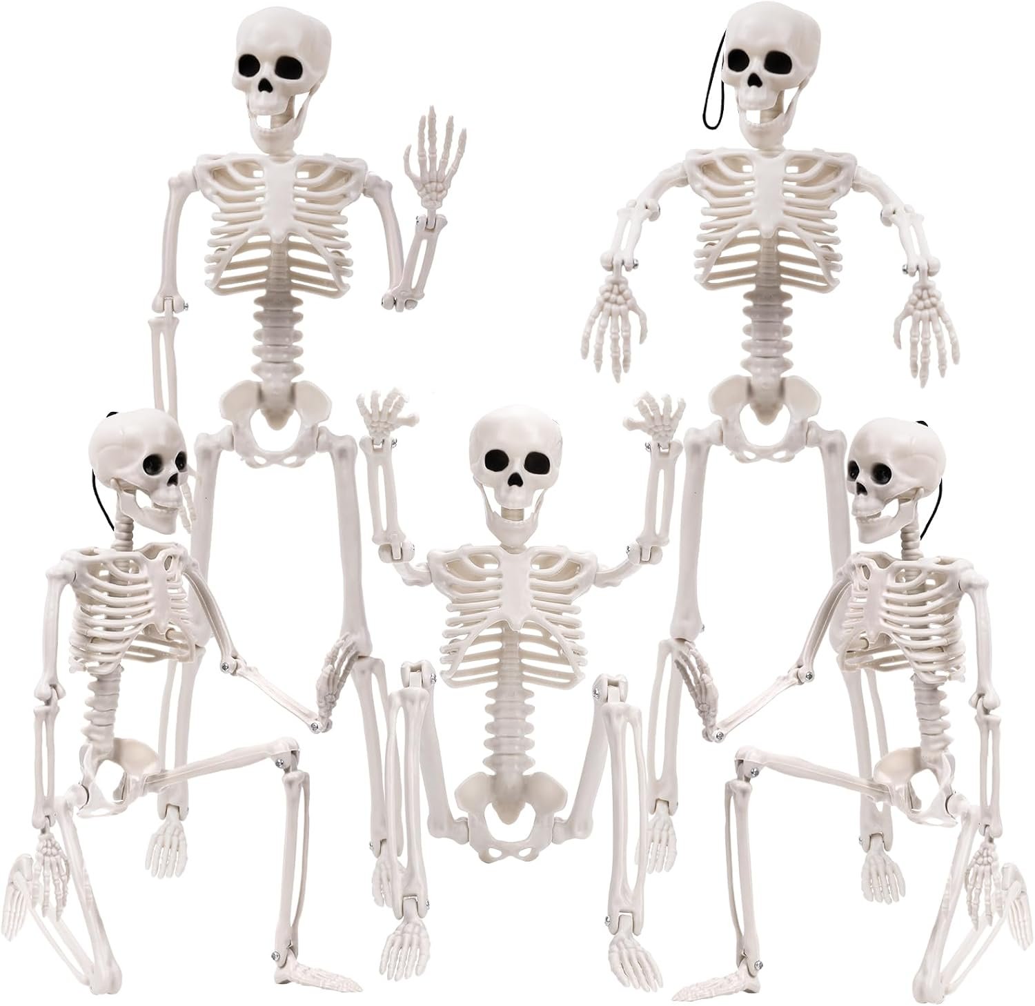 XIMISHOP 5pcs Halloween Skeleton Decoration, 16″ Full Body Posable Hanging Skeleton with Movable Joints for Graveyard Haunted House Indoor Outdoor, White