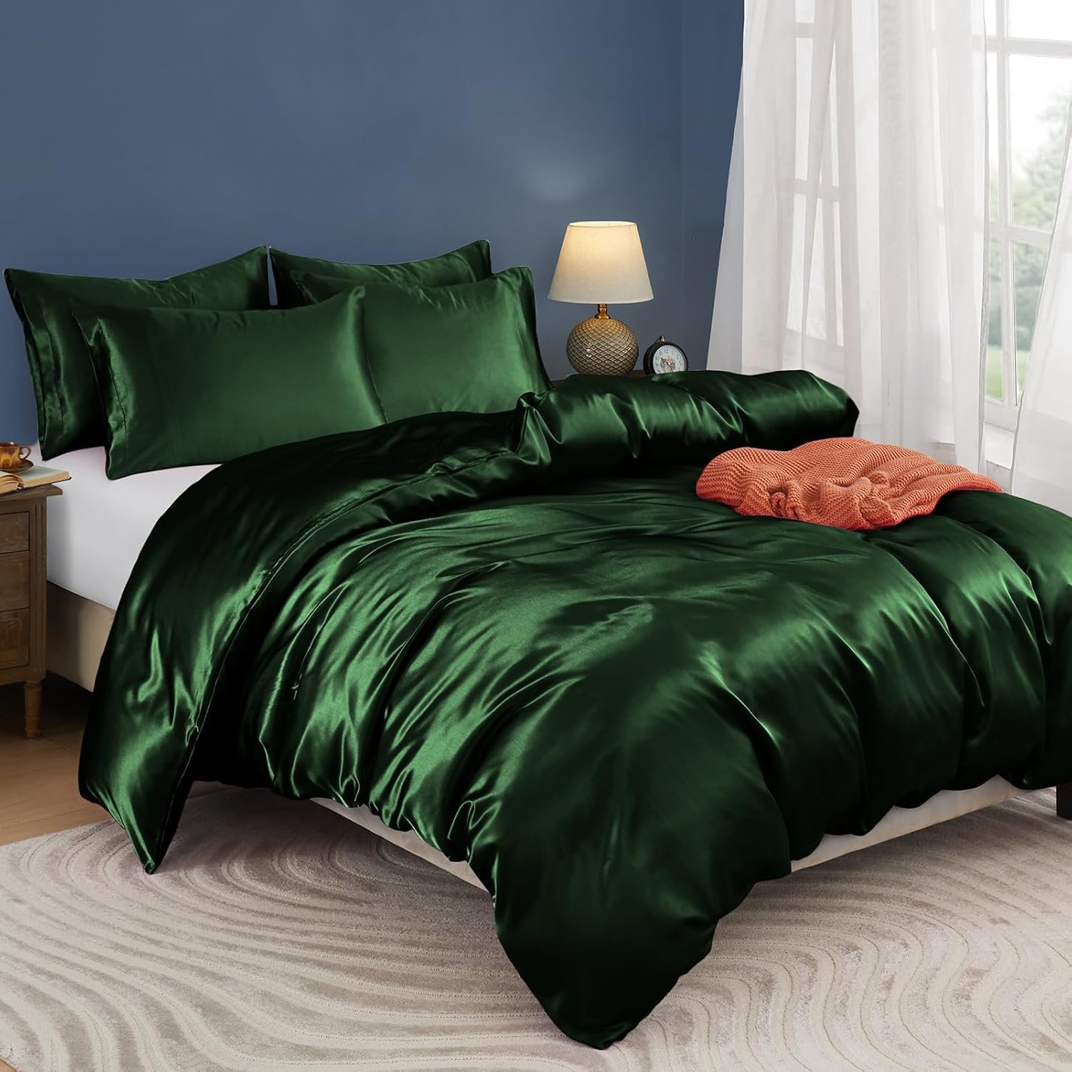Horbaunal 5 Pieces Satin Duvet Cover Set Queen/Full Size Emerald Green Duvet Cover with Corner Ties & Zipper Closure, Luxury & Silky Bedding Set, 1 Duvet Cover and 4 Pillowcases (No Comforter)
