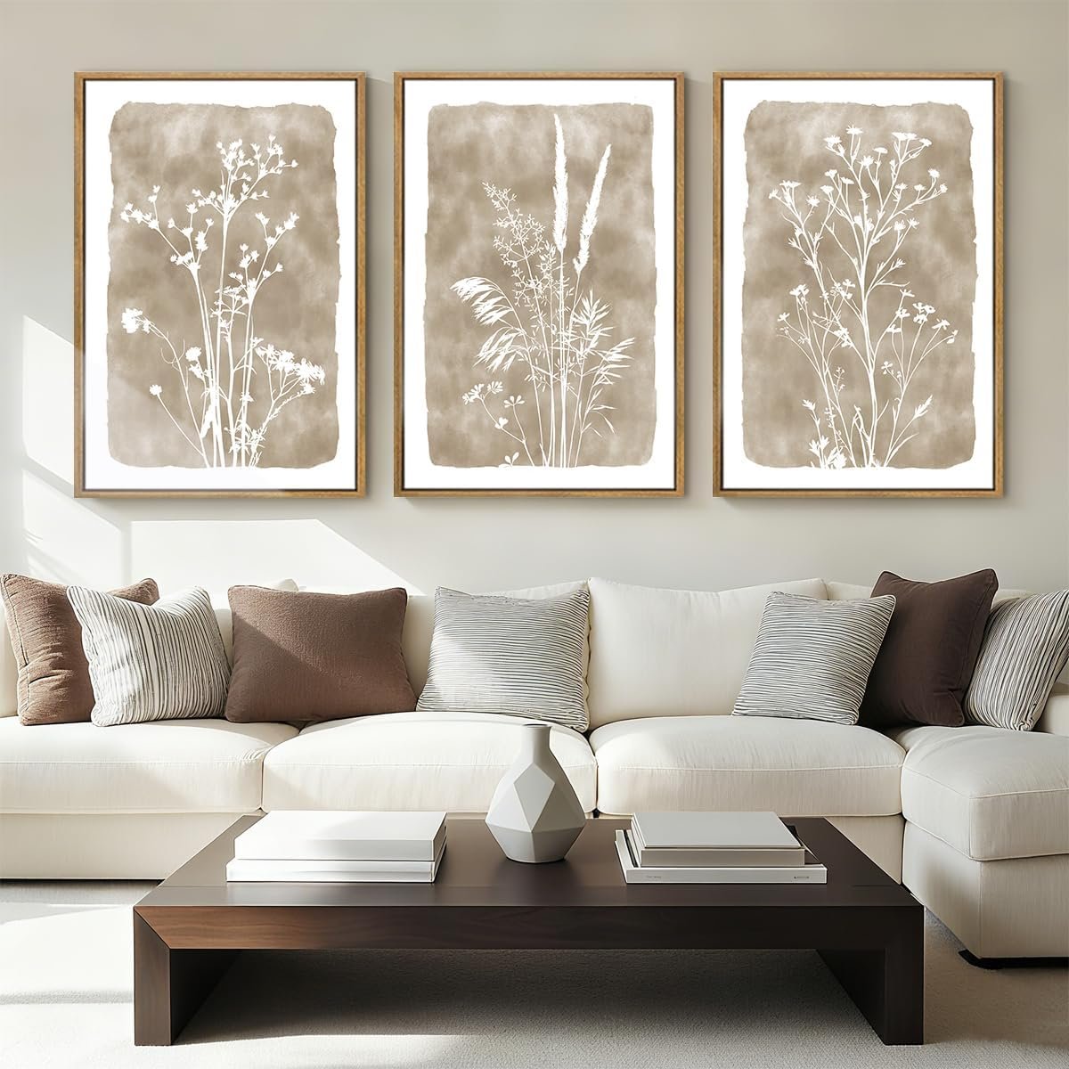 ANHUIB Beige Neutral Floral Canvas Wall Art 16×24 Inch Framed Brown Botanital Wall Decor Large Rustic Farmhouse Wildflower Artwork Boho Vintage Plant Art Prints Set of 3 for Living Room Bedroom Office