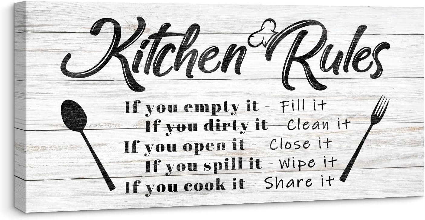 Pinetree Art Kitchen Rules Wall Decor Funny Inspirational Quote Canvas Print Art Modern Rustic Farmhouse Kitchen Decorative (8X16 Inch, W)
