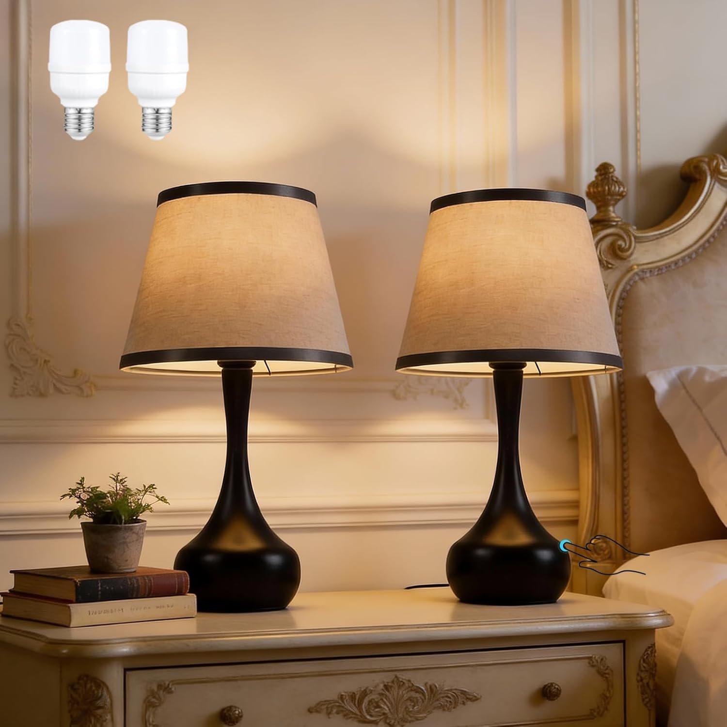 17″ Touch Table Lamp for Bedroom Set of 2，3-Way Dimmable Bedside Lamps for Nightstand，Small Lamp with Linen Shade for Bedroom, Living Room, Kids Room, Office (9W LED Bulb Included)