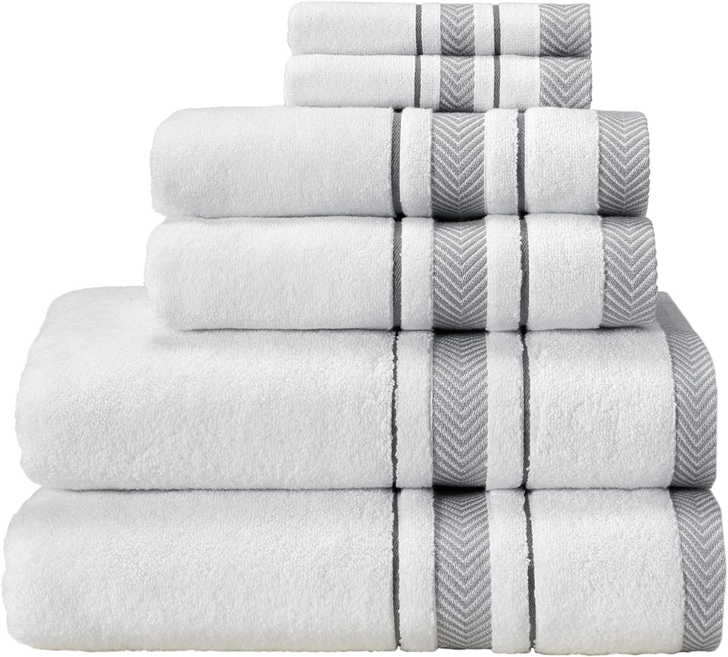Bath Towels Set for Bathroom – Luxury 6-Piece Cotton Towels, Soft Absorbent & Quick Dry, 600 GSM Bath Towels for Bathroom, Hotel Spa Quality (2 Bath, 2 Hand, 2 Washcloths, White Grey Stripe)