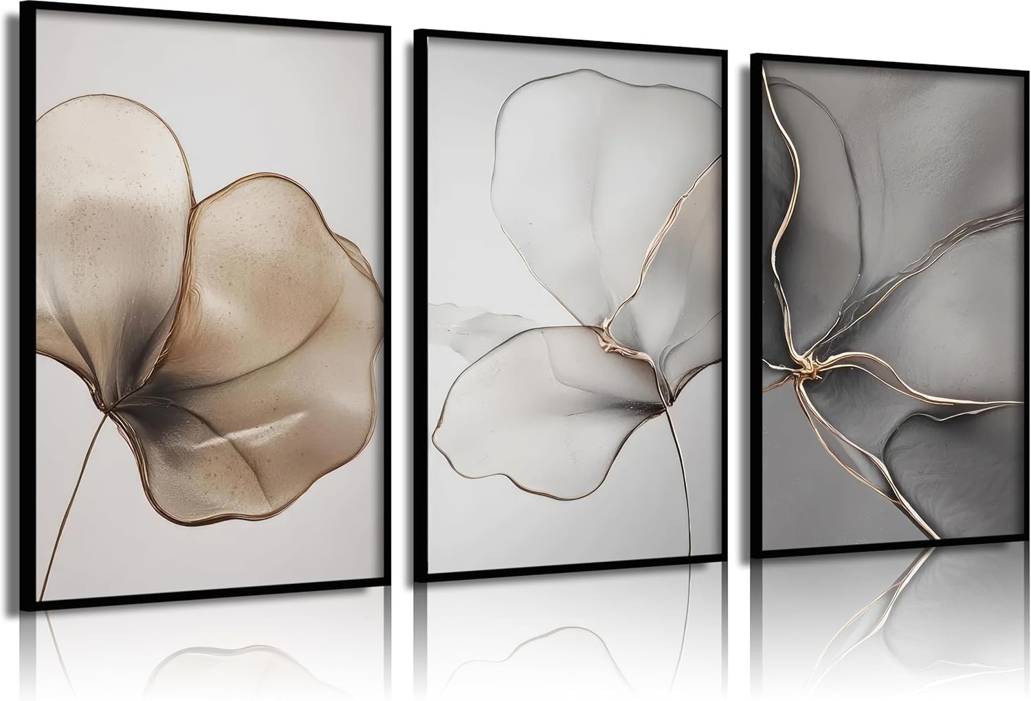 Abstract Floral Wall Art: Minimalist Gold Line Petal Poster Wall Decor, Modern Neutral Botanical Picture Canvas Print Artwork for Living Room, Bedroom, Entryway Home Decoration 12x16in Beige Gray Gold